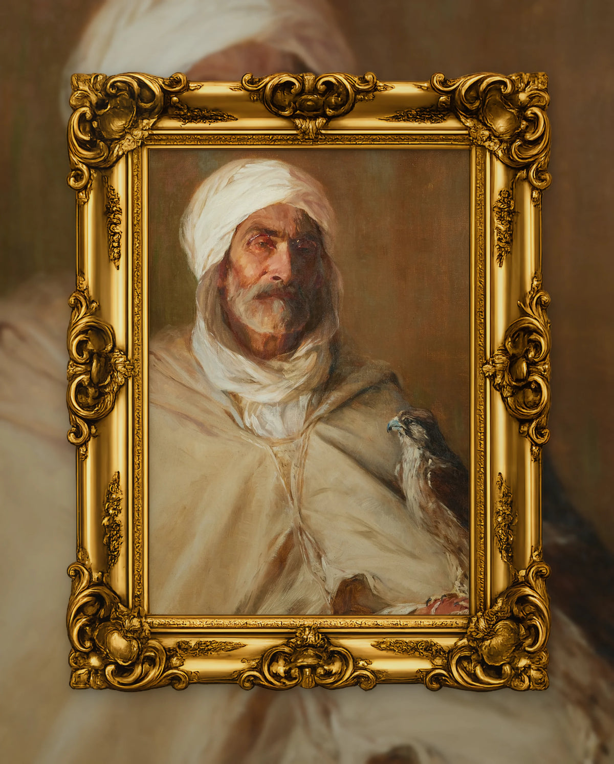 Elizabeth Rebecca Coffin’s The Old Falconer of Ben Gana in an ornate gold frame, fine art jigsaw puzzle