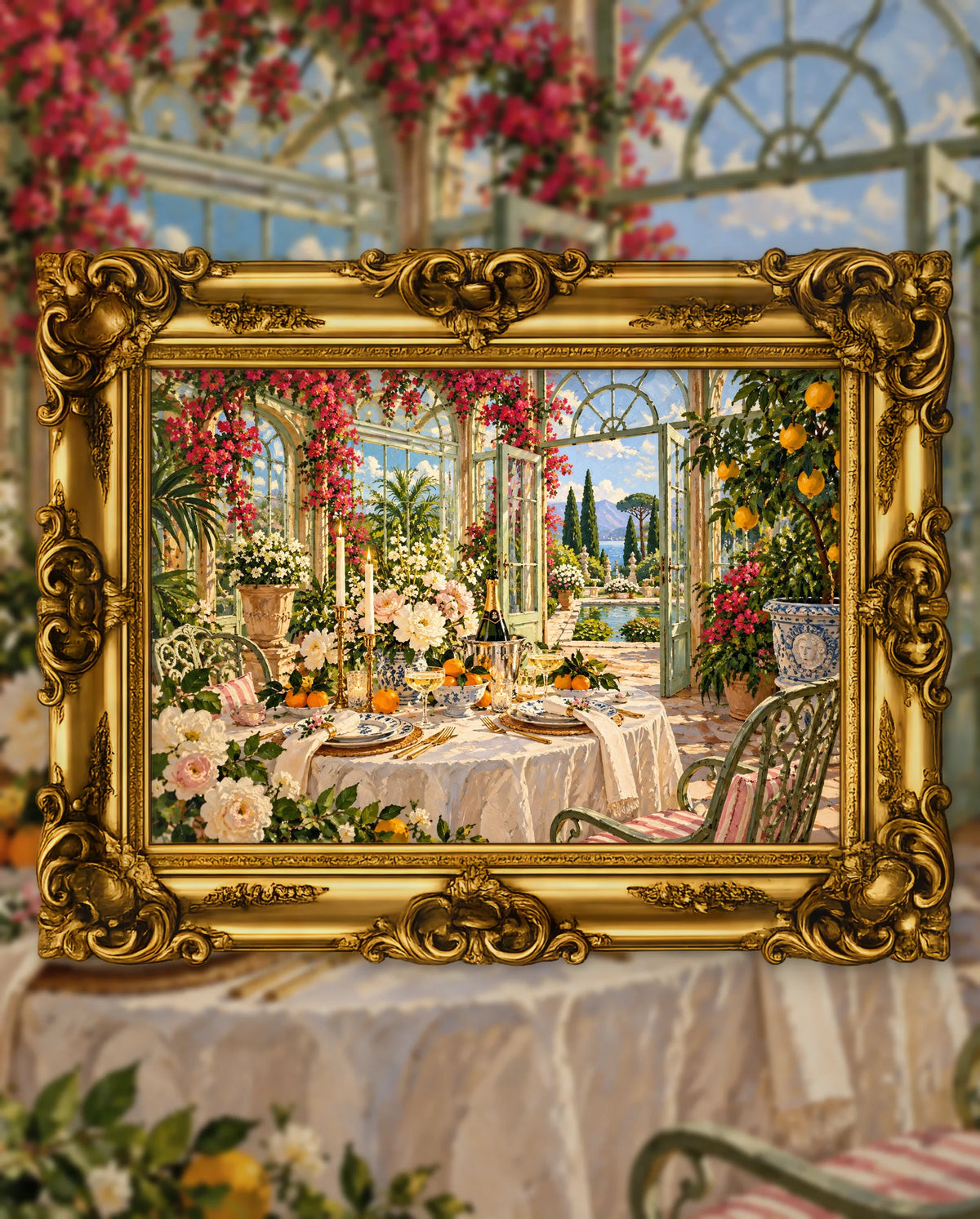 Champagne in the Glasshouse Garden, an original DAILE Studio artwork in an ornate gold frame, fine art jigsaw puzzle