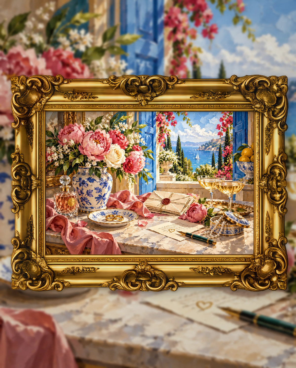 Love Letters in Bloom, an original DAILE Studio artwork in an ornate gold frame, fine art jigsaw puzzle
