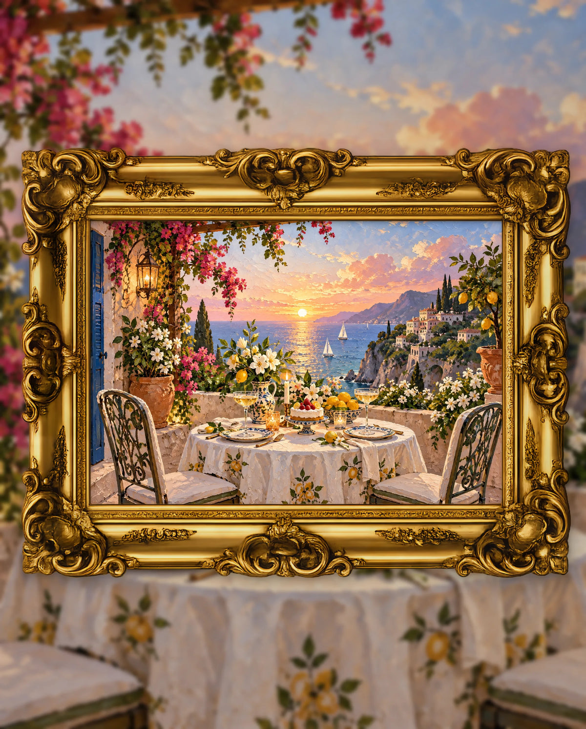 A Table Set for Forever, an original DAILE Studio artwork in an ornate gold frame, fine art jigsaw puzzle