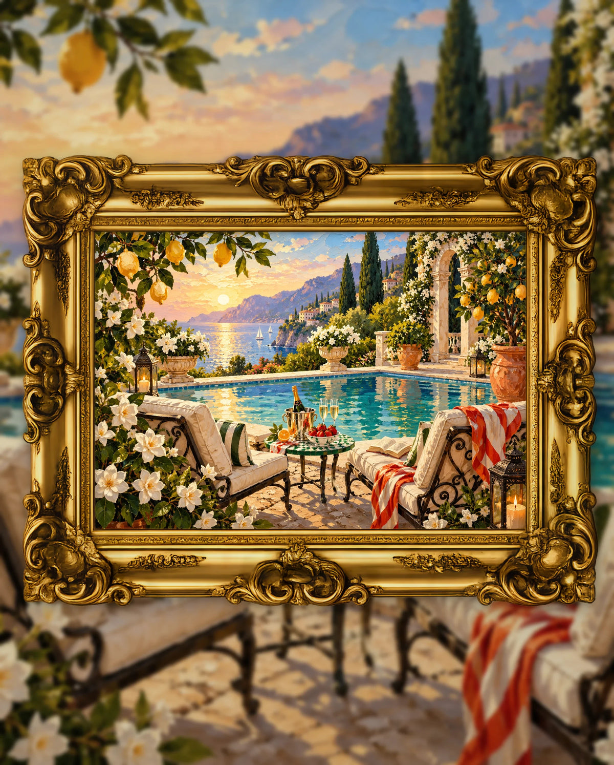 Where the Evening Stayed, an original DAILE Studio artwork in an ornate gold frame, fine art jigsaw puzzle