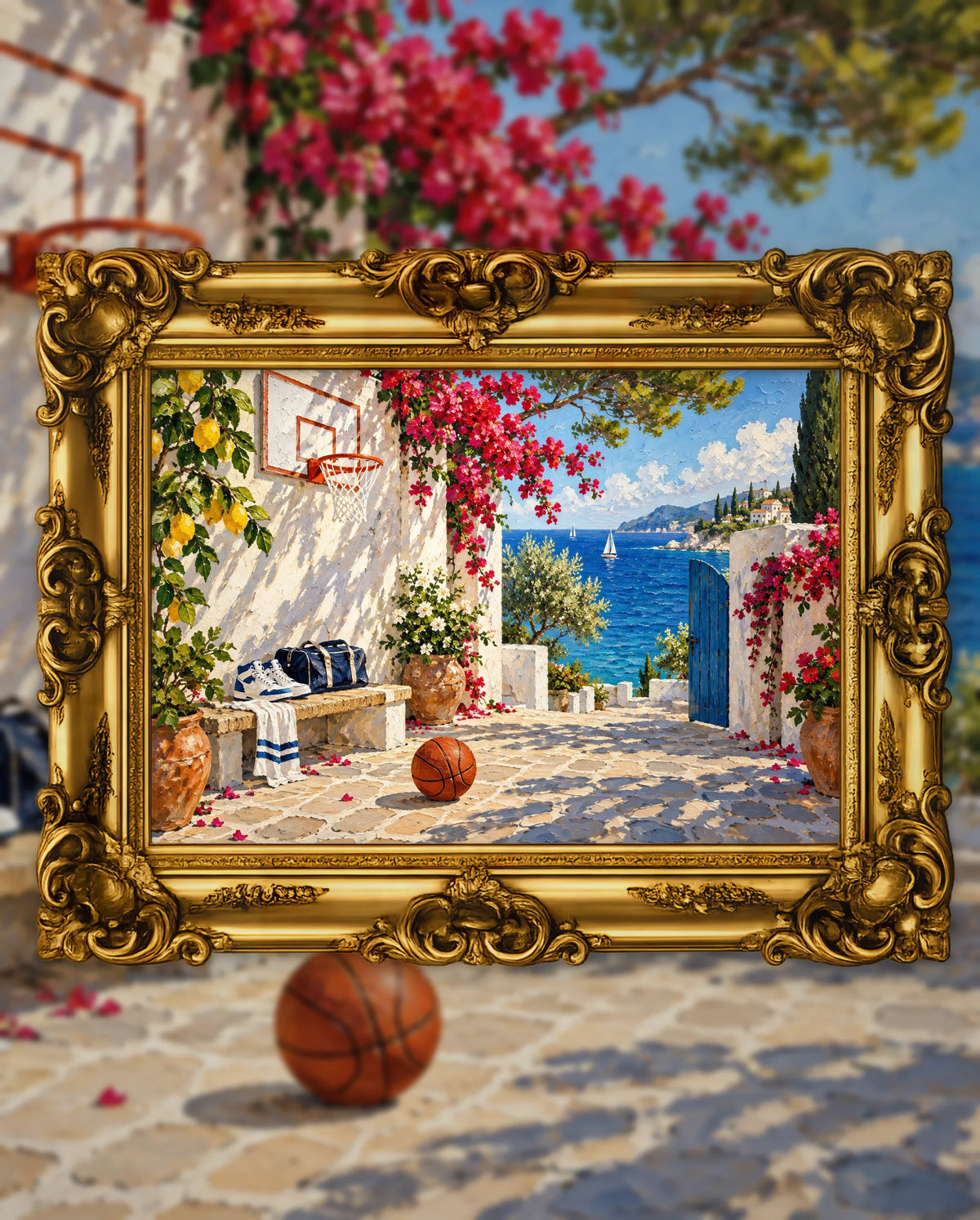 The Blue Gate Court by the Sea, an original DAILE Studio artwork in an ornate gold frame, fine art jigsaw puzzle
