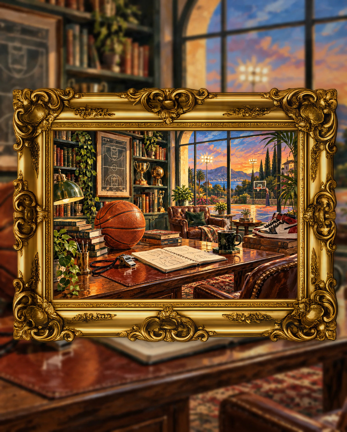 The Coach's Summer Study, an original DAILE Studio artwork in an ornate gold frame, fine art jigsaw puzzle