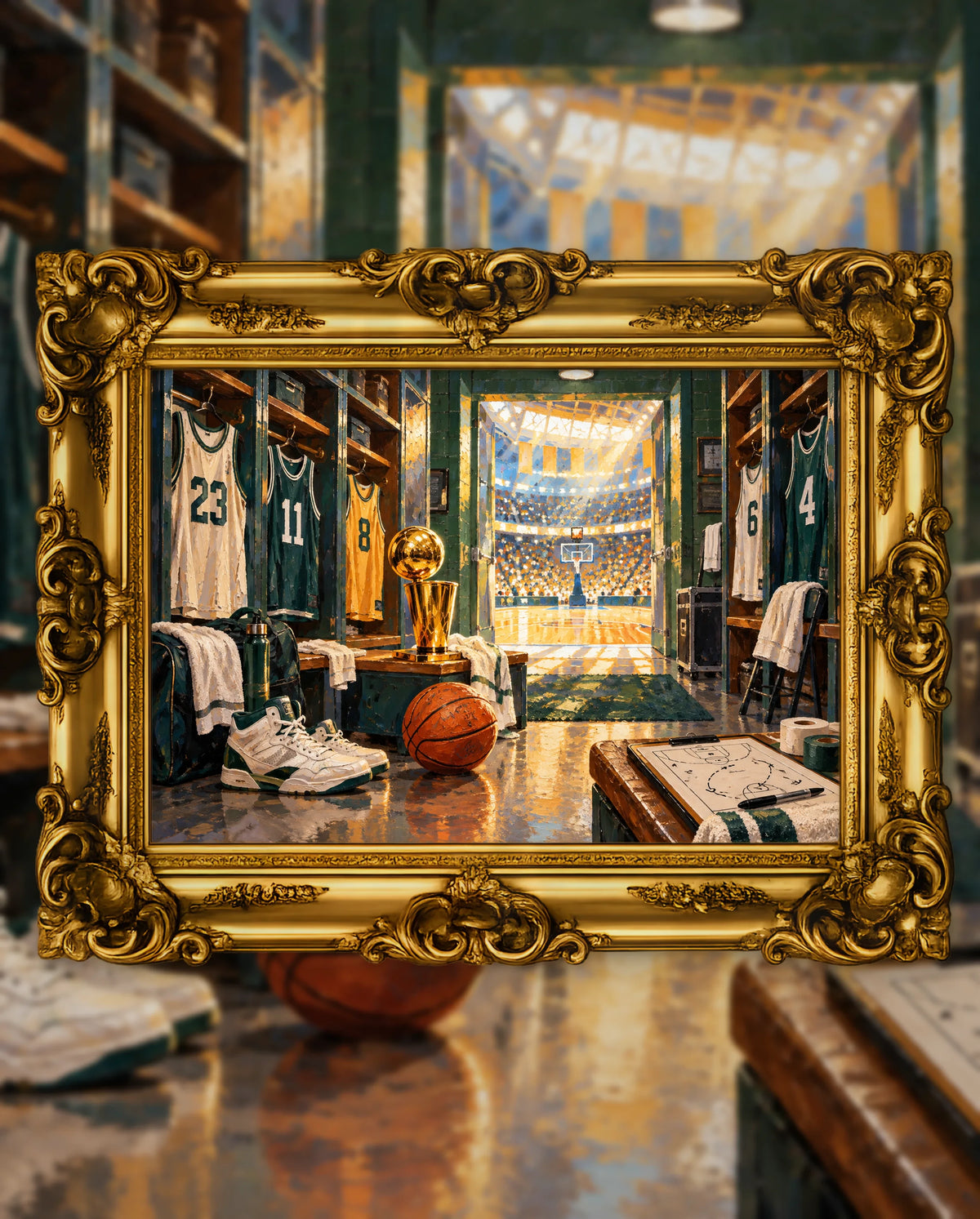 The Locker Room After Glory, an original DAILE Studio artwork in an ornate gold frame, fine art jigsaw puzzle
