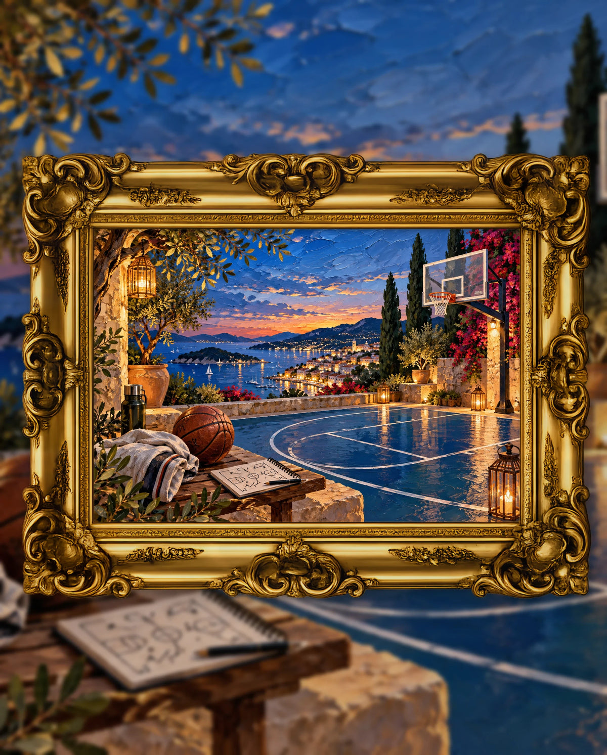 Twilight Court Above the Riviera, an original DAILE Studio artwork in an ornate gold frame, fine art jigsaw puzzle