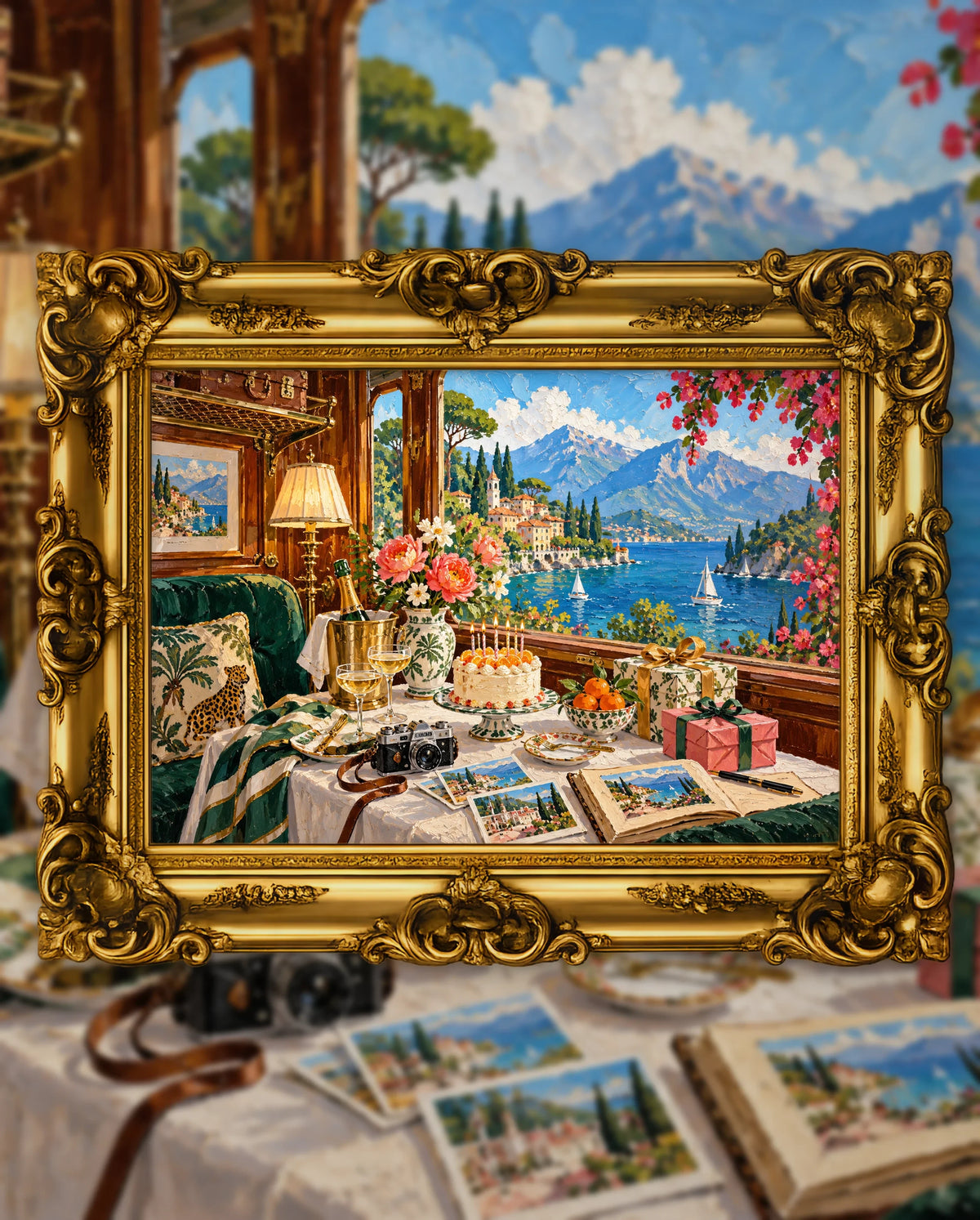 Birthday Express to Somewhere Beautiful, an original DAILE Studio artwork in an ornate gold frame, fine art jigsaw puzzle