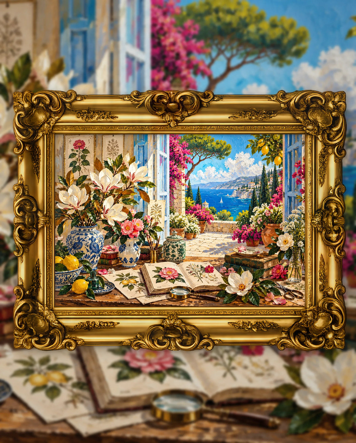 The Botanist's Window, an original DAILE Studio artwork in an ornate gold frame, fine art jigsaw puzzle