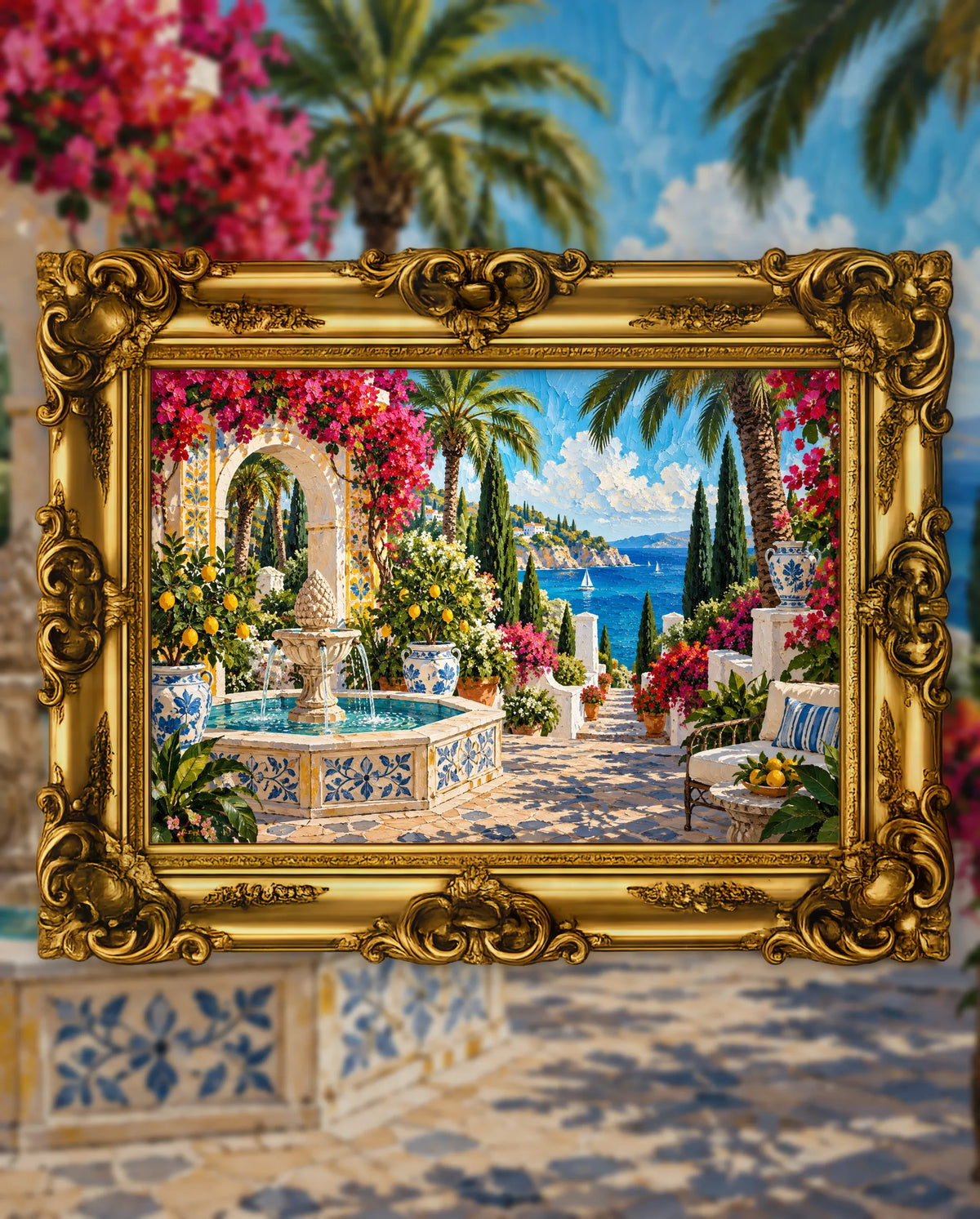 Garden of a Thousand Blooms, an original DAILE Studio artwork in an ornate gold frame, fine art jigsaw puzzle