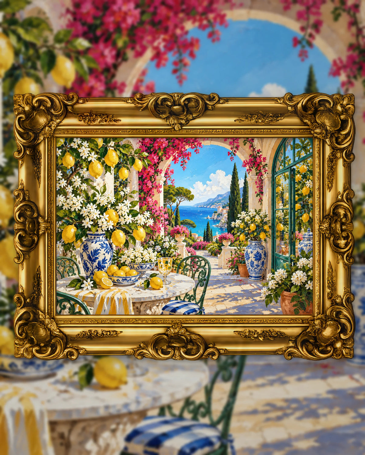 Lemon Blossom Over the Blue Coast, an original DAILE Studio artwork in an ornate gold frame, fine art jigsaw puzzle