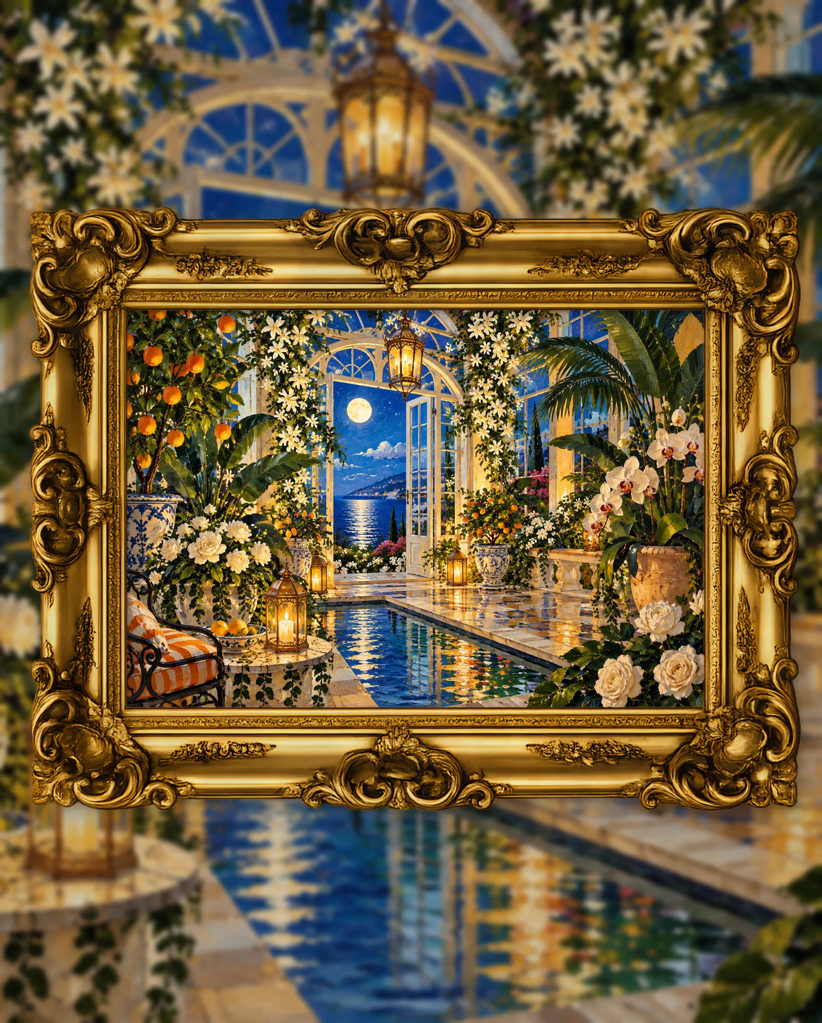 The Orangery After Midnight, an original DAILE Studio artwork in an ornate gold frame, fine art jigsaw puzzle