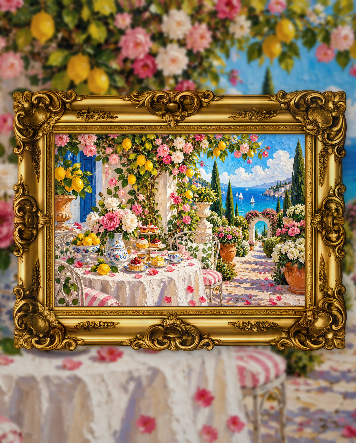 Rose Garden by the Azure Sea, an original DAILE Studio artwork in an ornate gold frame, fine art jigsaw puzzle