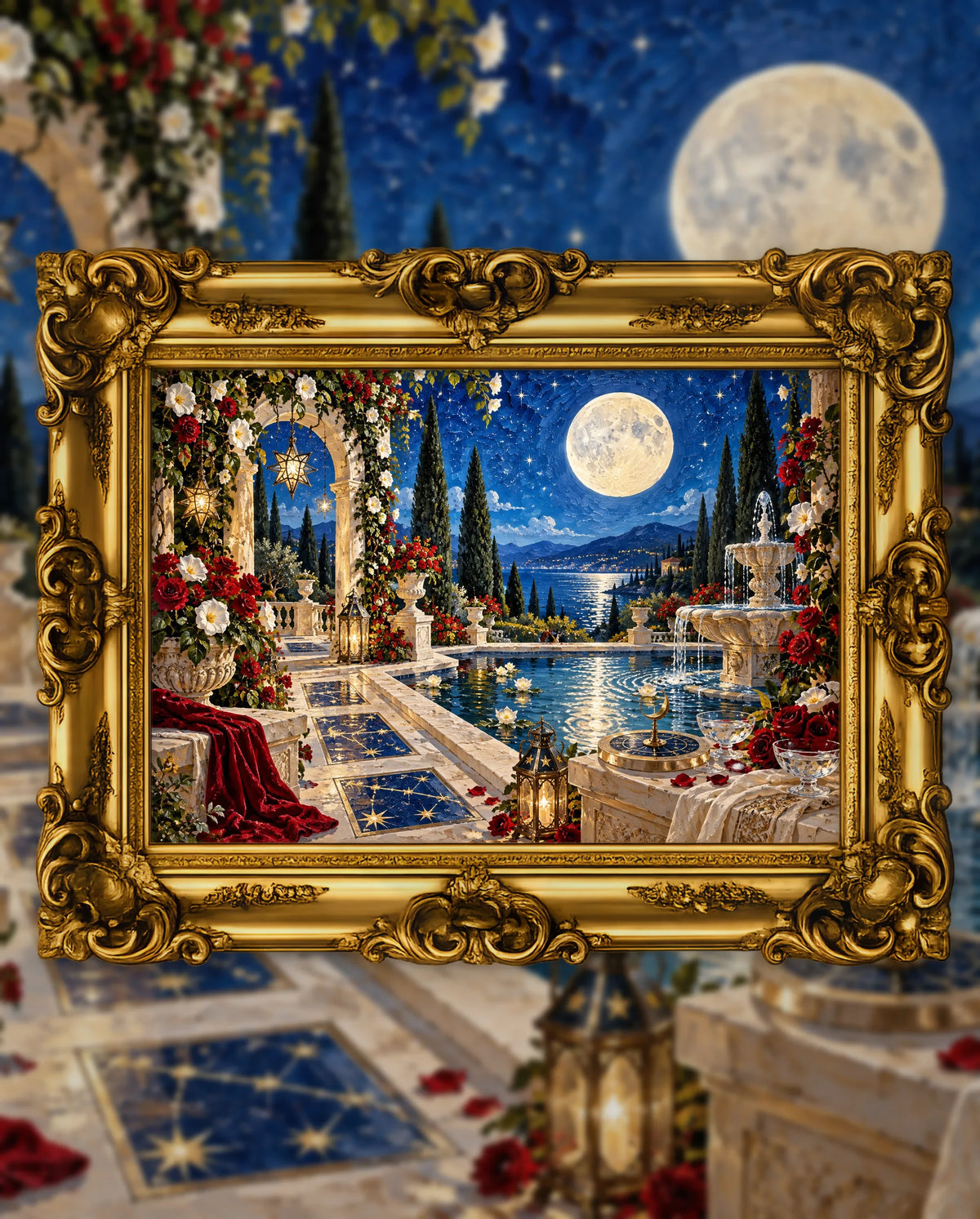 Garden Beneath the Great Moon, an original DAILE Studio artwork in an ornate gold frame, fine art jigsaw puzzle