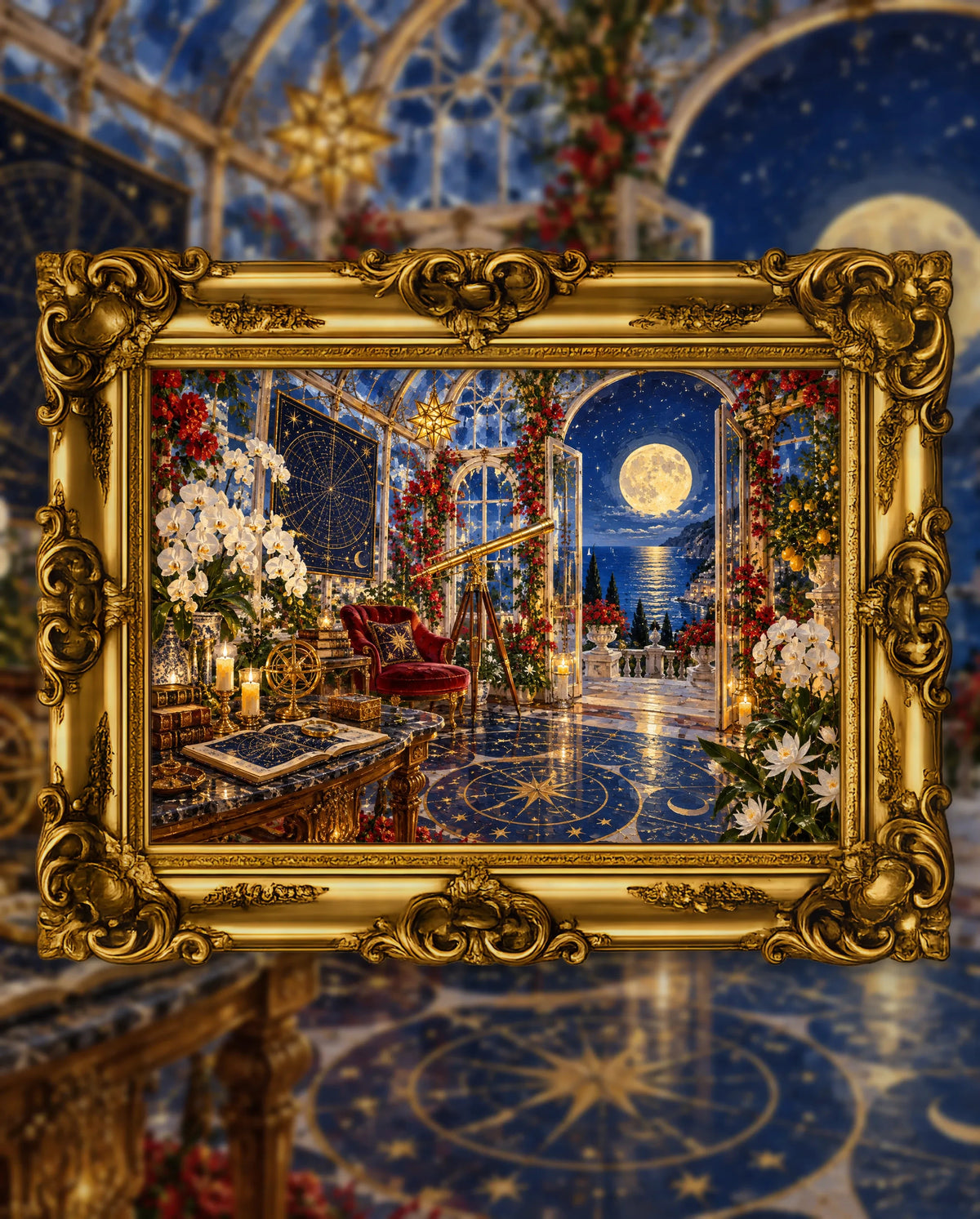 The Observatory Above the Moonlit Sea, an original DAILE Studio artwork in an ornate gold frame, fine art jigsaw puzzle