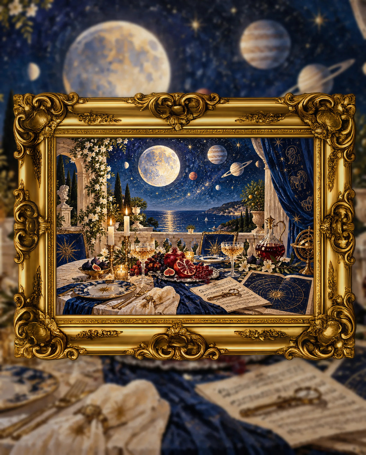Supper Under the Wandering Planets, an original DAILE Studio artwork in an ornate gold frame, fine art jigsaw puzzle