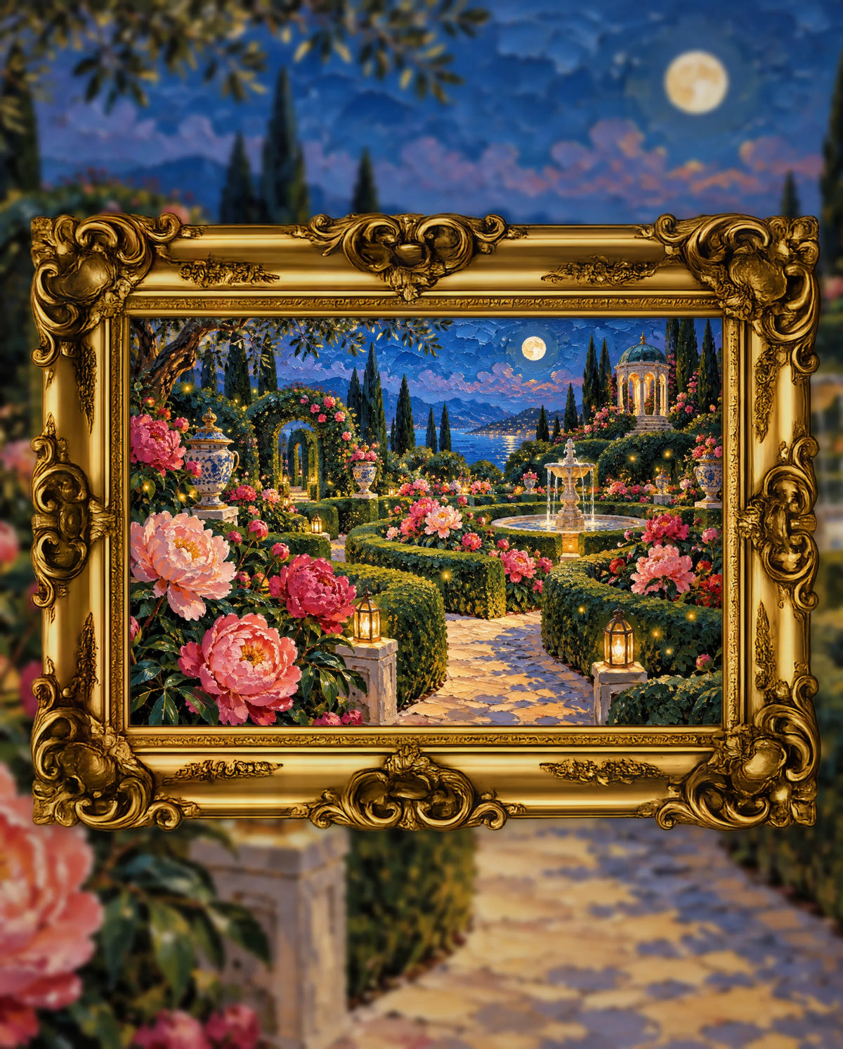 Lanterns in the Peony Maze, an original DAILE Studio artwork in an ornate gold frame, fine art jigsaw puzzle