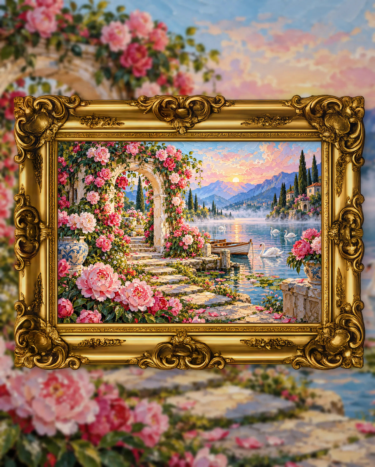 Peonies at First Light, an original DAILE Studio artwork in an ornate gold frame, fine art jigsaw puzzle