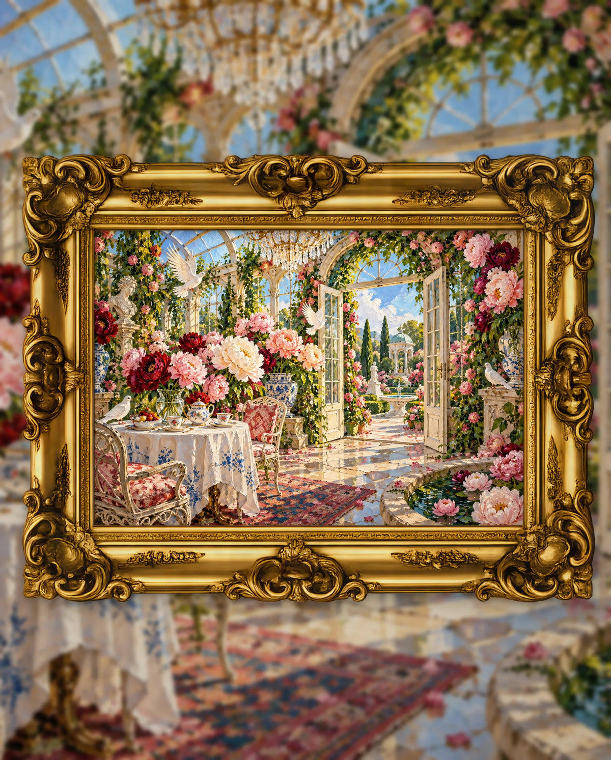The Peony Glasshouse in Full Bloom, an original DAILE Studio artwork in an ornate gold frame, fine art jigsaw puzzle