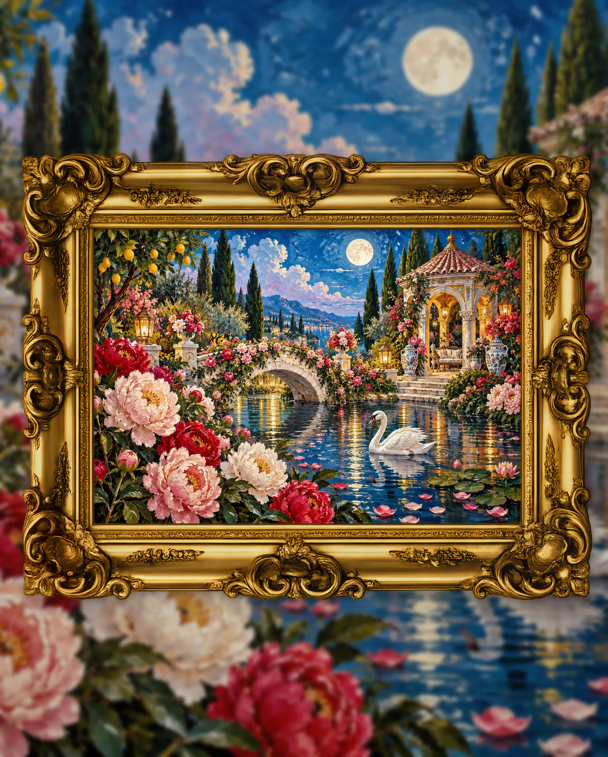 Where the Swan Sleeps Among Peonies, an original DAILE Studio artwork in an ornate gold frame, fine art jigsaw puzzle