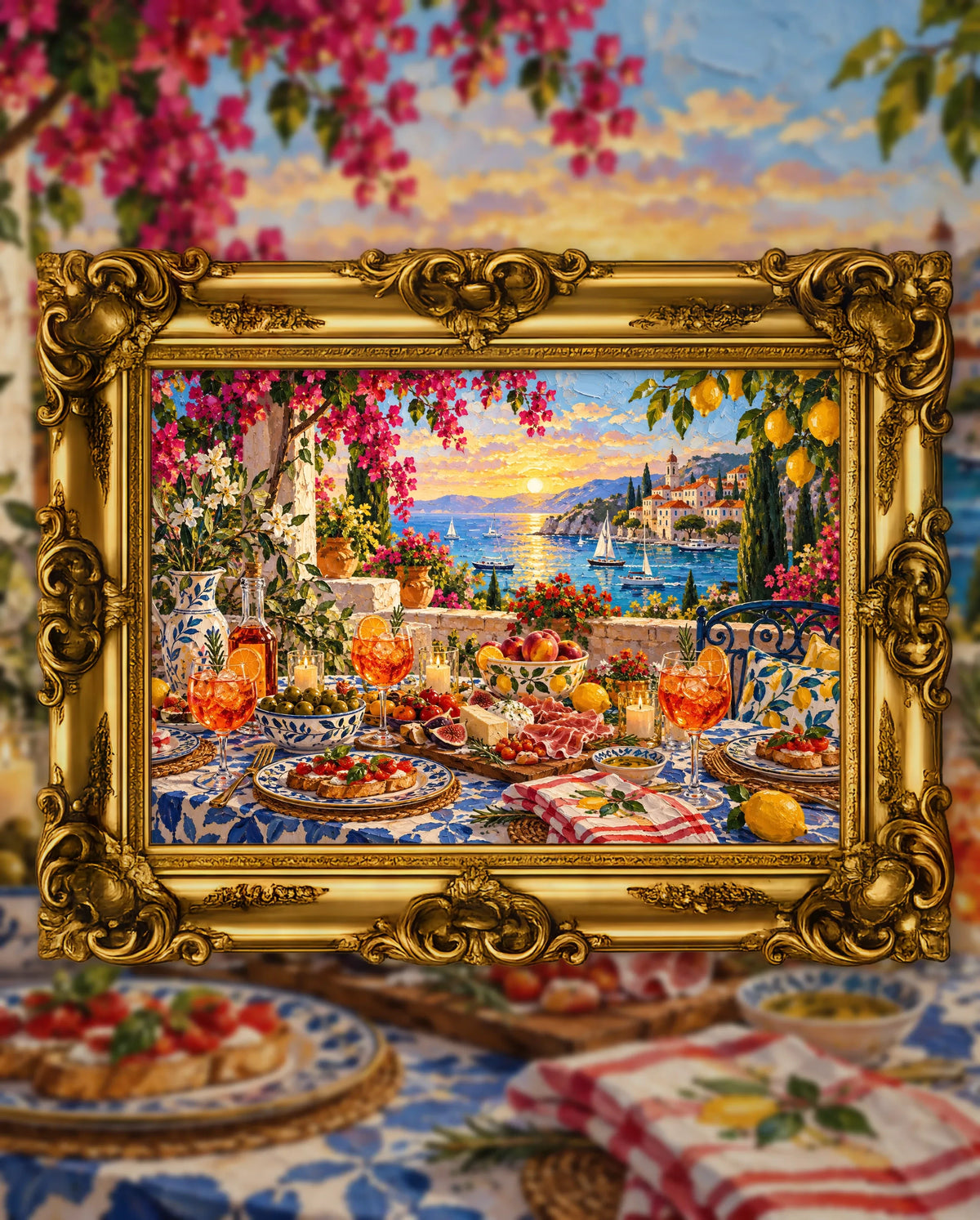 Aperitivo Before the Sun Disappears, an original DAILE Studio artwork in an ornate gold frame, fine art jigsaw puzzle