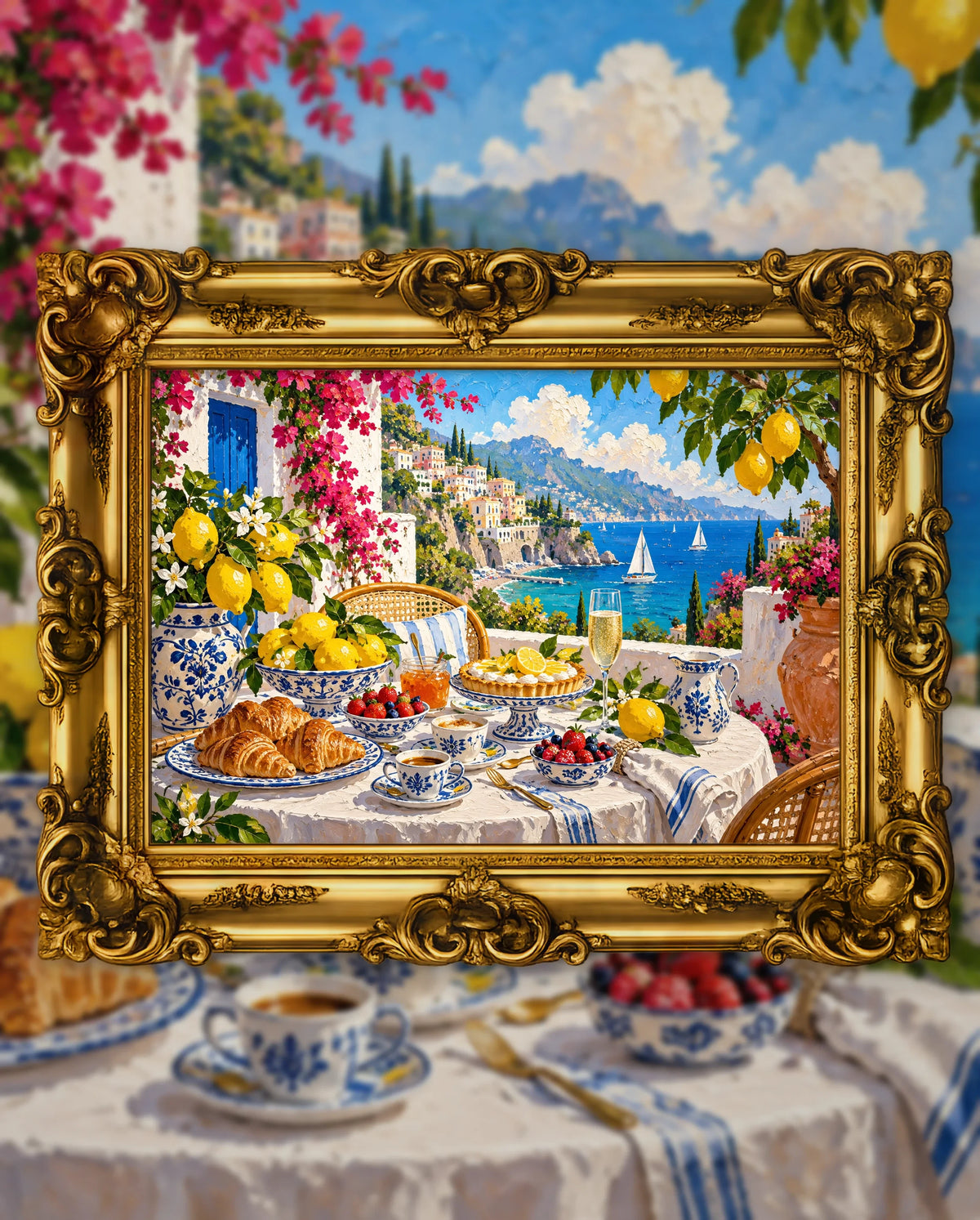Breakfast Where the Lemons Grow, an original DAILE Studio artwork in an ornate gold frame, fine art jigsaw puzzle
