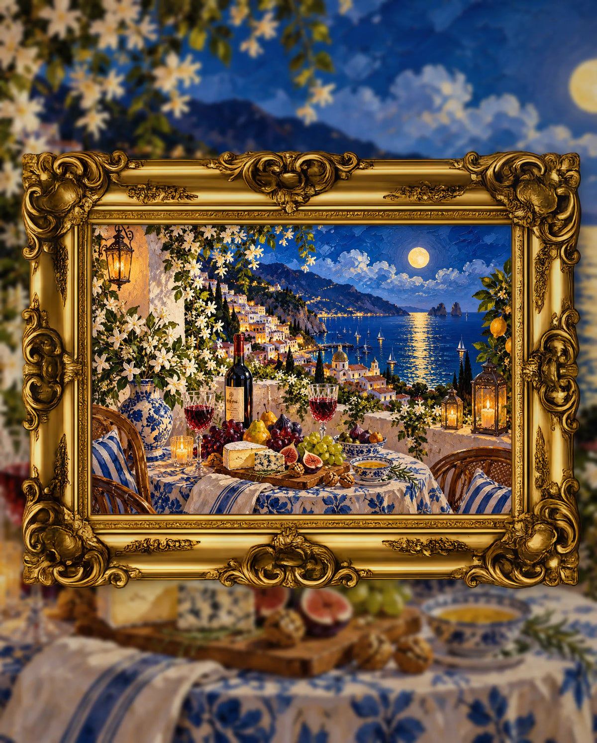Midnight Wine Above the Coast, an original DAILE Studio artwork in an ornate gold frame, fine art jigsaw puzzle