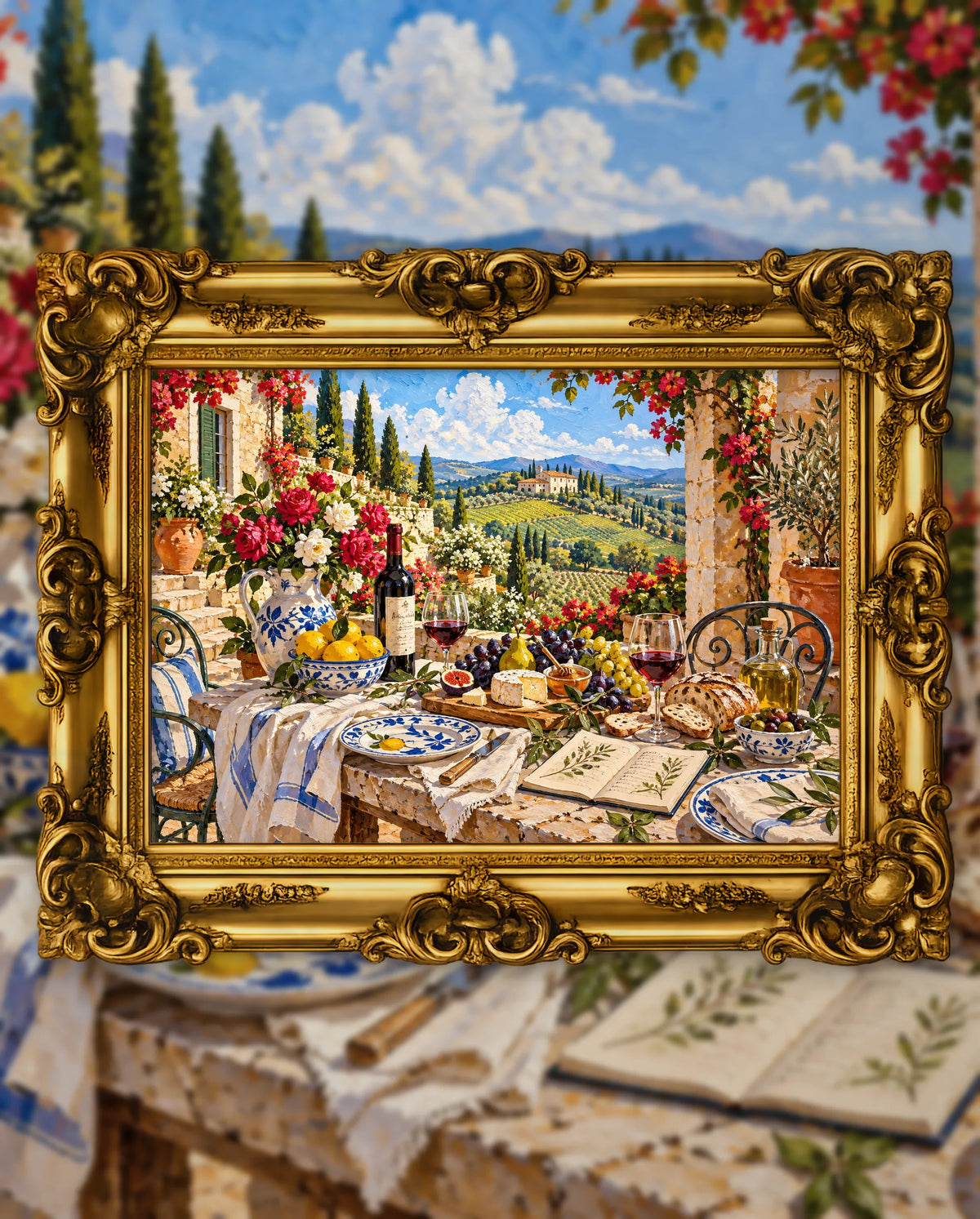 The Vineyard Table in Bloom, an original DAILE Studio artwork in an ornate gold frame, fine art jigsaw puzzle