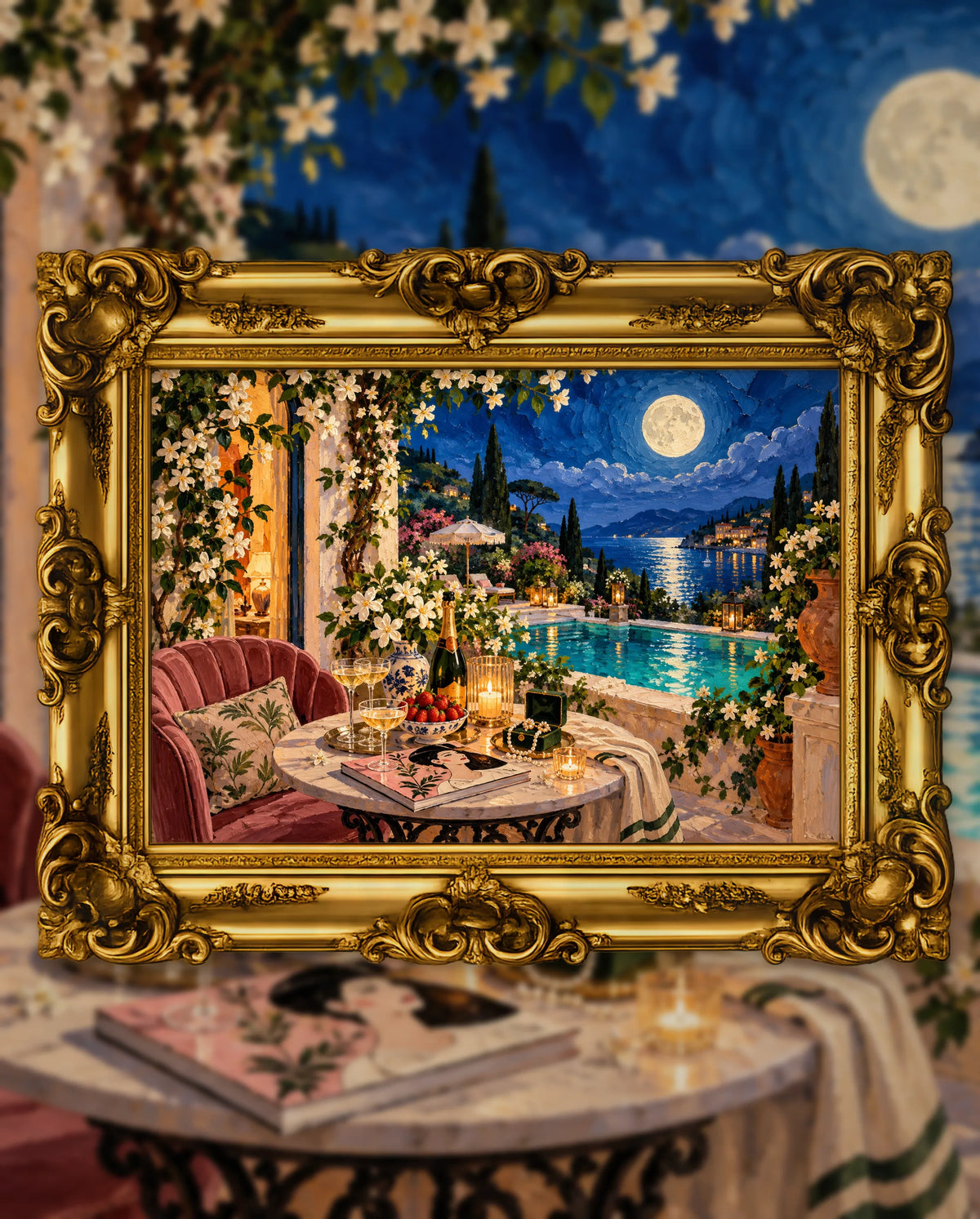 Moonlight, Pearls and Jasmine, an original DAILE Studio artwork in an ornate gold frame, fine art jigsaw puzzle
