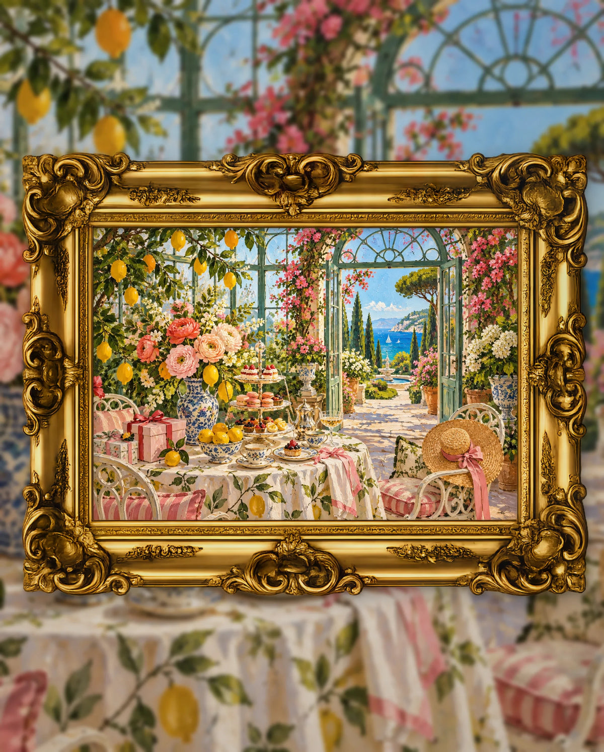 Tea in the Lemon Garden, an original DAILE Studio artwork in an ornate gold frame, fine art jigsaw puzzle