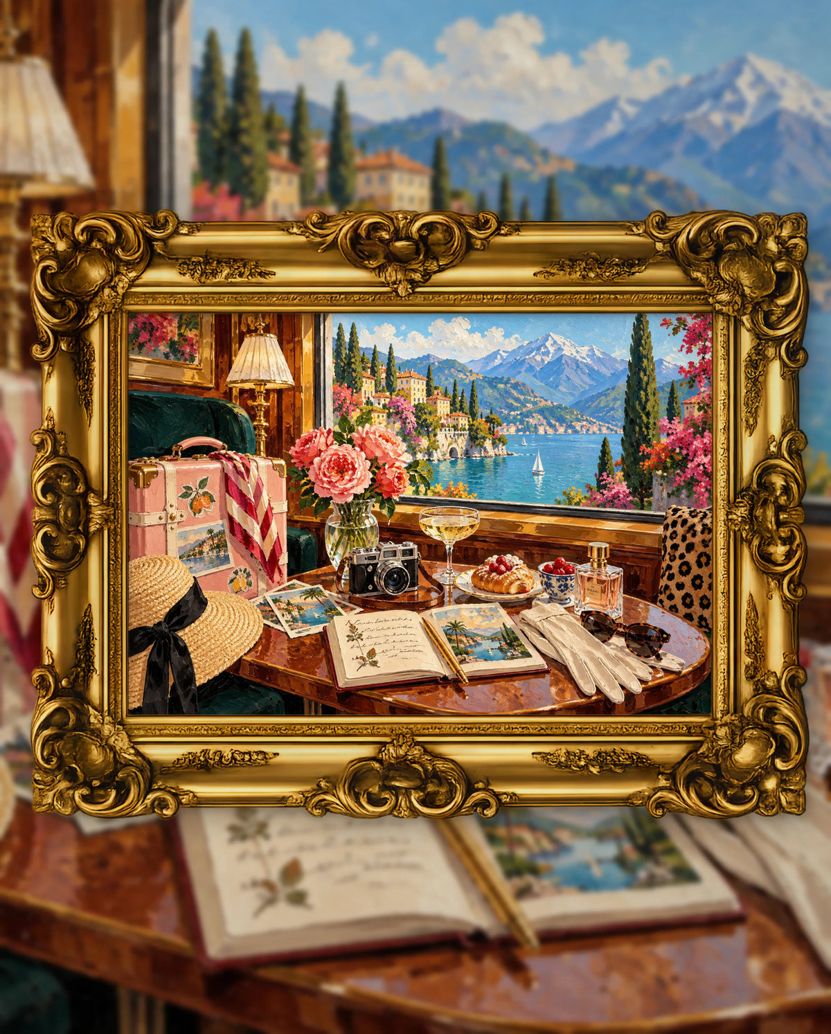 A Window Seat to Somewhere Beautiful, an original DAILE Studio artwork in an ornate gold frame, fine art jigsaw puzzle