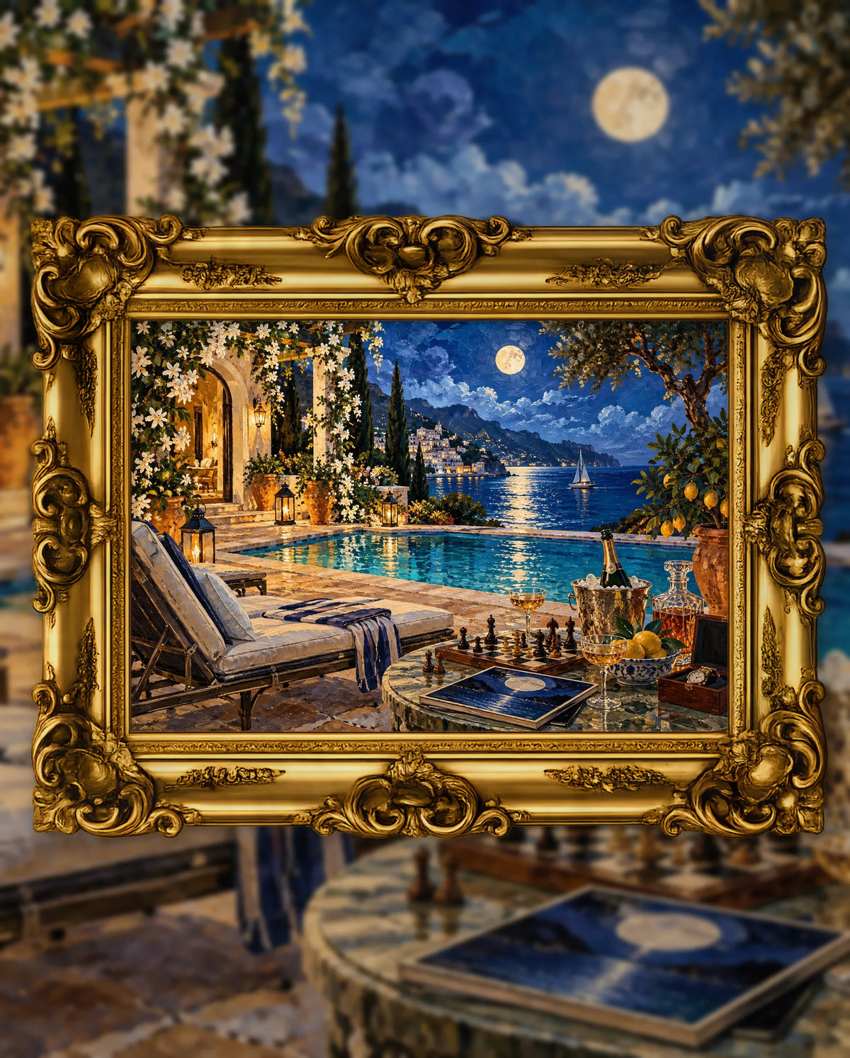 Checkmate Under the Moon, an original DAILE Studio artwork in an ornate gold frame, fine art jigsaw puzzle