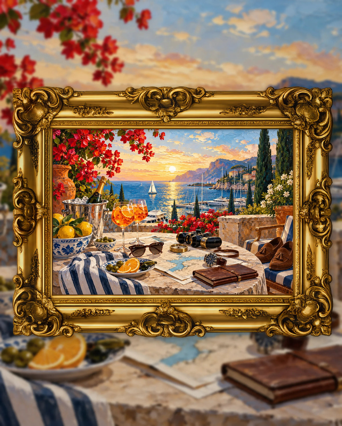 Golden Hour, No Agenda, an original DAILE Studio artwork in an ornate gold frame, fine art jigsaw puzzle