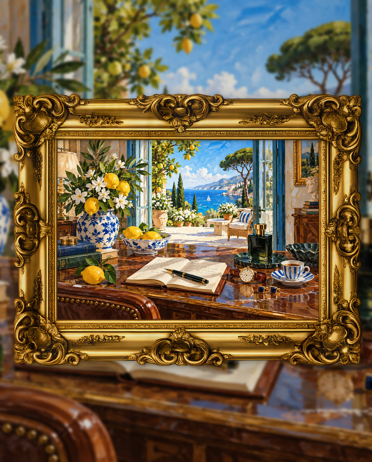 The Quiet Desk Above the Sea, an original DAILE Studio artwork in an ornate gold frame, fine art jigsaw puzzle