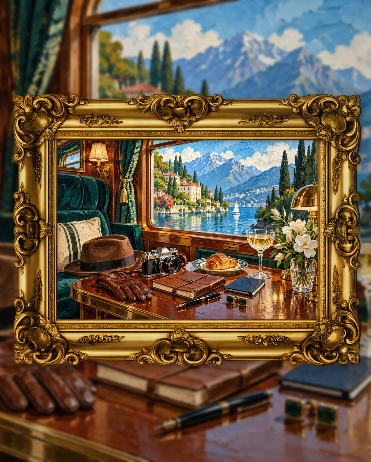 The Window Seat Southbound, an original DAILE Studio artwork in an ornate gold frame, fine art jigsaw puzzle