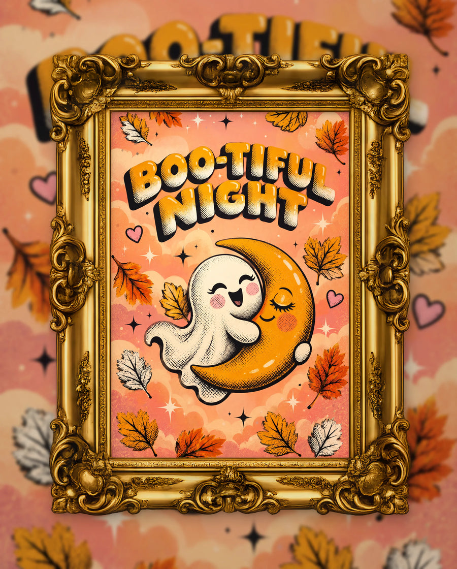 Boo-tiful Night, an original DAILE Studio Halloween artwork in an ornate gold frame — retro poster of a smiling white ghost hugging a sleepy golden crescent moon on peach clouds, under orange bubble lettering reading Boo-tiful Night.