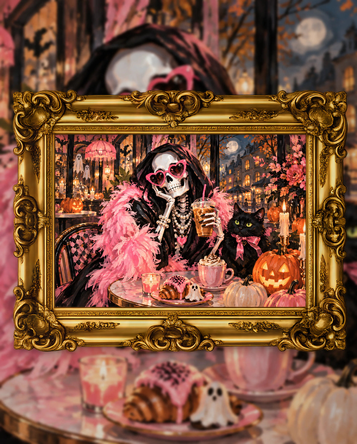 Death Before Decaf, an original DAILE Studio Halloween artwork in an ornate gold frame — a skeleton in a black hooded cloak, pink feather boa and heart-shaped sunglasses holds an iced coffee at a café table beside a black cat.