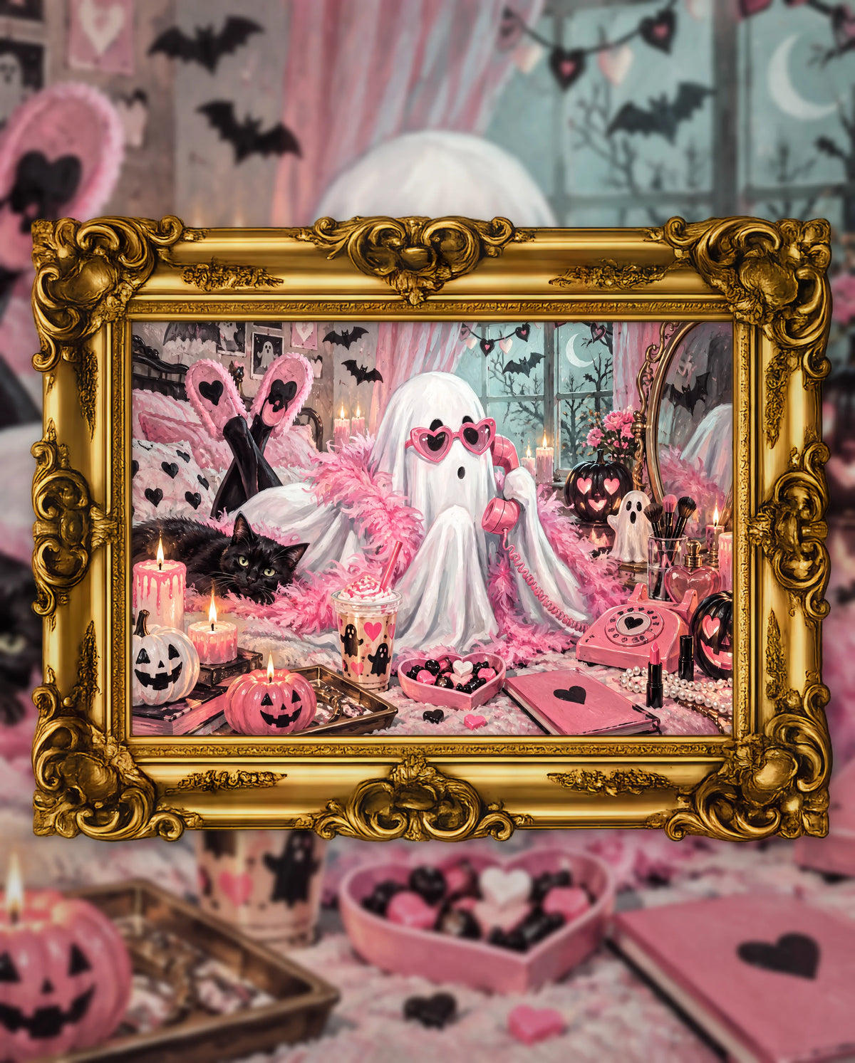 Dial M for Mischief, an original DAILE Studio Halloween artwork in an ornate gold frame — a ghost in heart-shaped pink sunglasses and a feather boa chats on a pink rotary phone, lying on a bed beside a black cat.