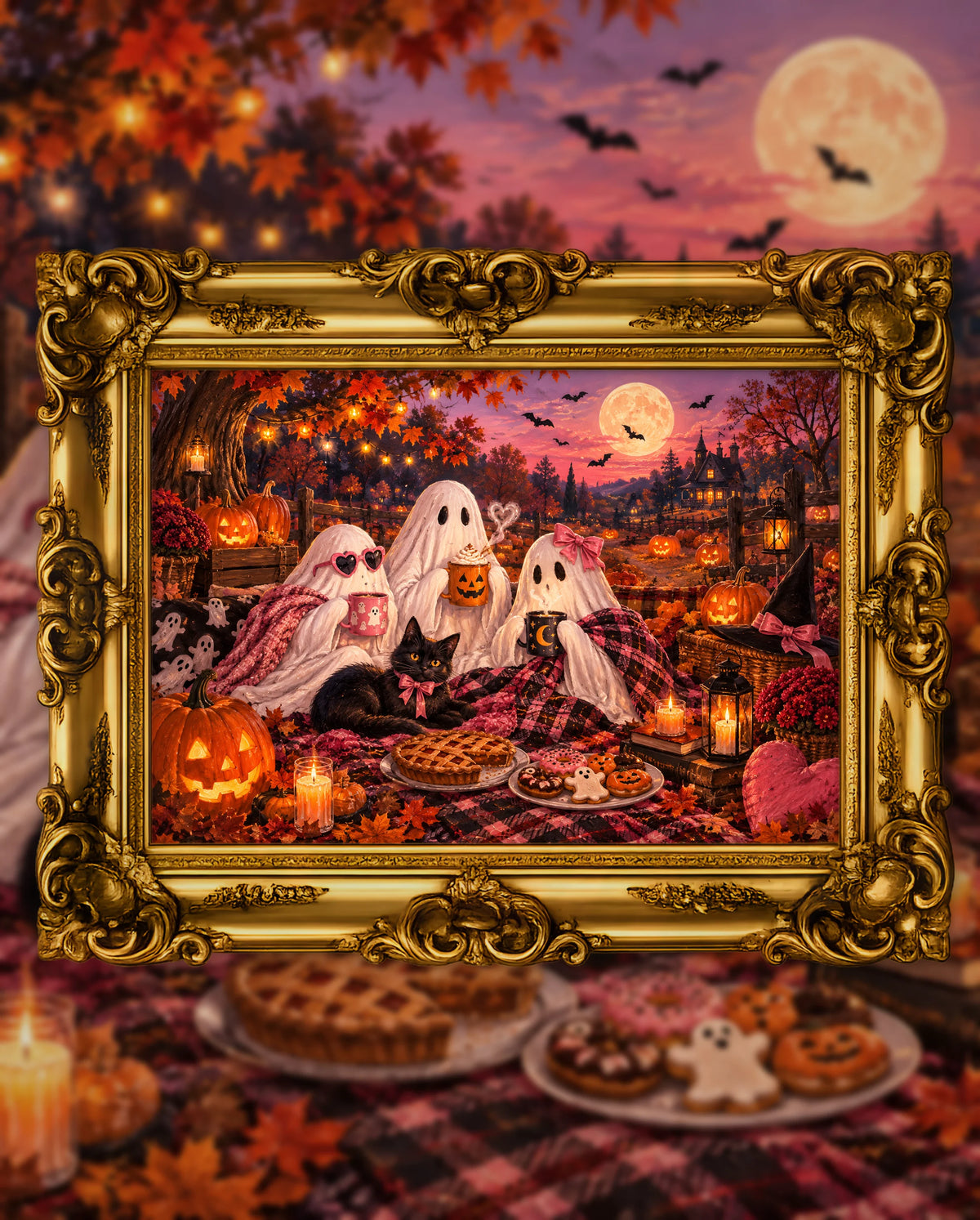 Ghosts of the Pumpkin Patch, an original DAILE Studio Halloween artwork in an ornate gold frame — three ghosts under blankets hold hot drinks at a pumpkin patch picnic, with a black cat, pie and glowing jack-o'-lanterns at dusk.