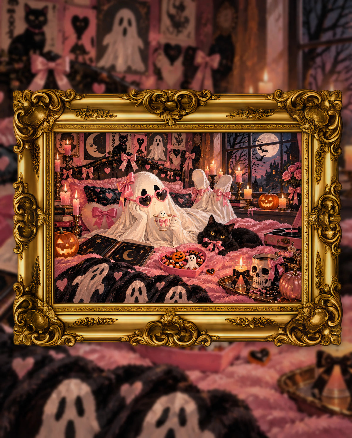 The Ghost Who Stayed In, an original DAILE Studio Halloween artwork in an ornate gold frame — a ghost in heart-shaped sunglasses lies on a pink bed sipping tea beside a black cat, surrounded by candles, sweets, books and jack-o'-lanterns.