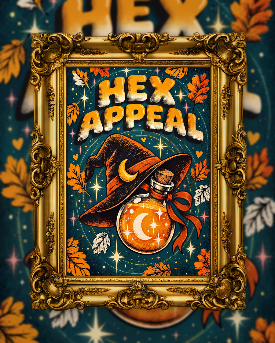 Hex Appeal, an original DAILE Studio Halloween artwork in an ornate gold frame — retro poster of a brown witch's hat over a corked amber potion bottle on a teal starry sky, orange bubble lettering reading Hex Appeal.