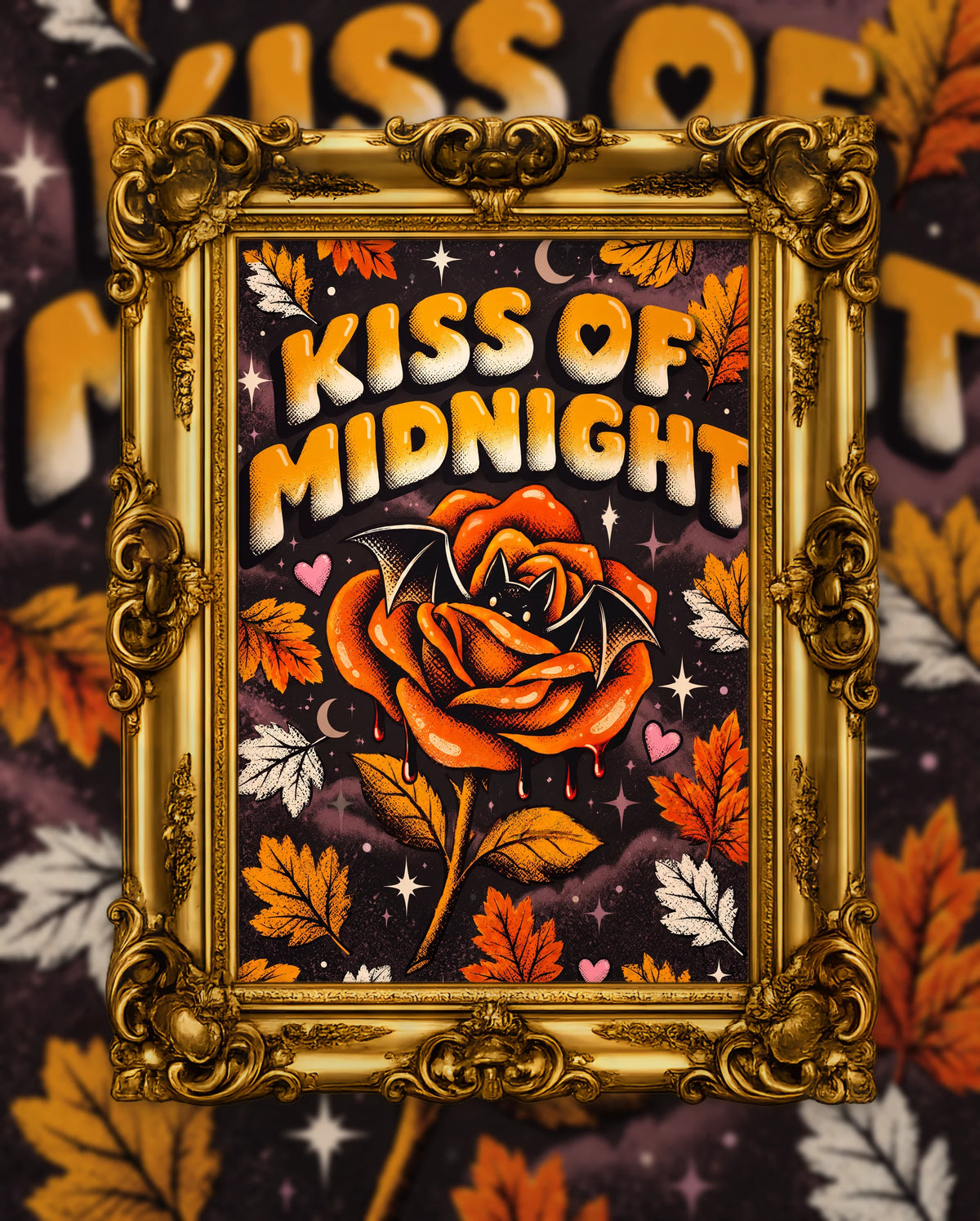 Kiss of Midnight, an original DAILE Studio Halloween artwork in an ornate gold frame — retro poster of an orange rose with a small black bat hidden in its petals on a dark sky, bubble lettering reading Kiss of Midnight.