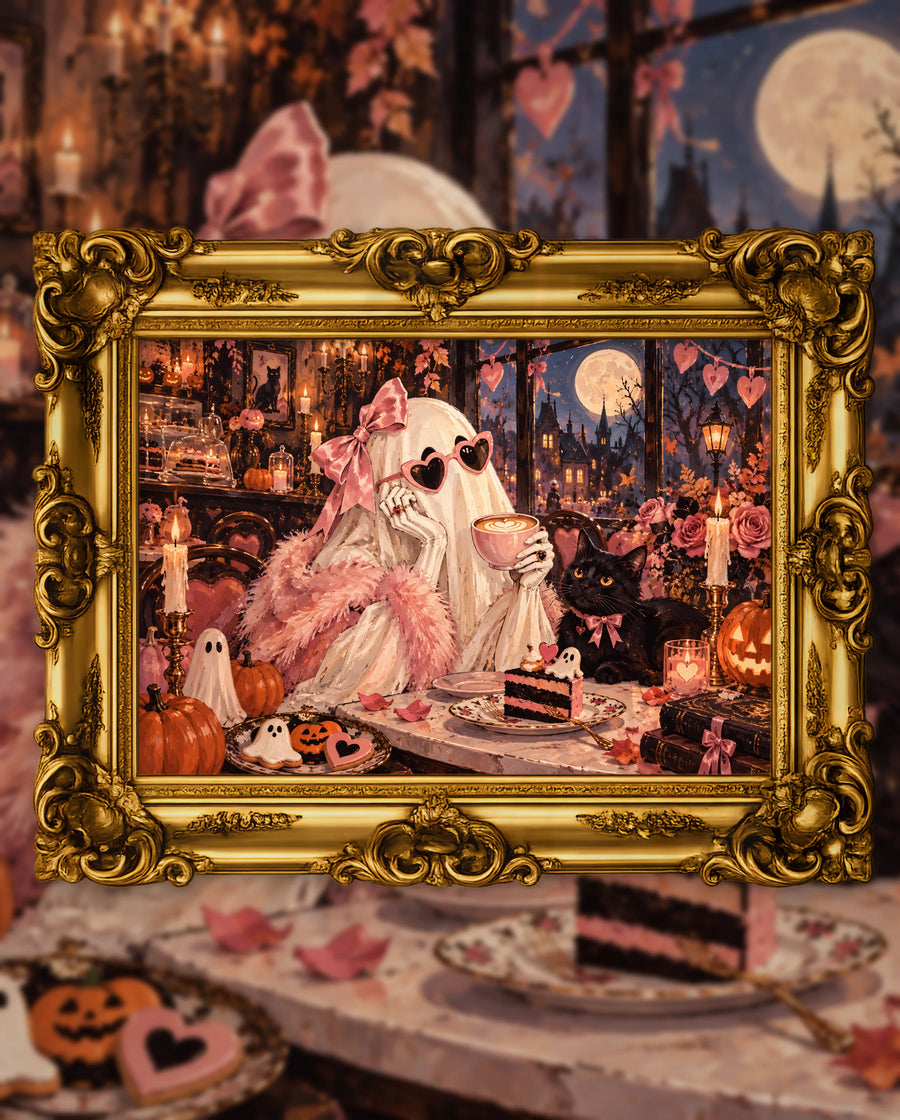 The Last Sip of October, an original DAILE Studio Halloween artwork in an ornate gold frame — a ghost in a pink feather stole and heart sunglasses sips a latte beside a black cat at a candlelit café table with cake.
