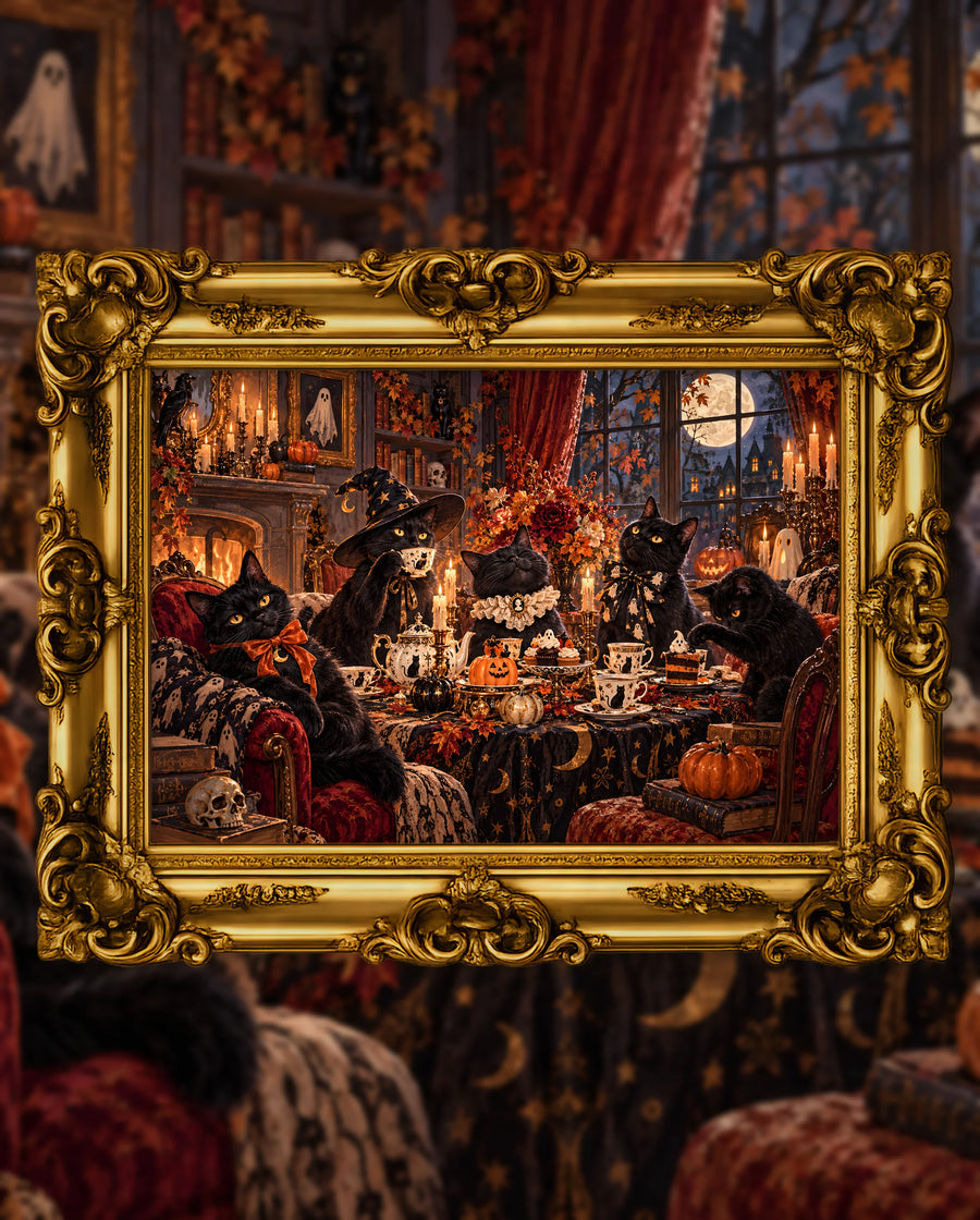 The Midnight Cat Society, an original DAILE Studio Halloween artwork in an ornate gold frame — five black cats in a witch's hat, bows and a lace collar take tea by candlelight, with cupcakes, pumpkins and a moonlit window.