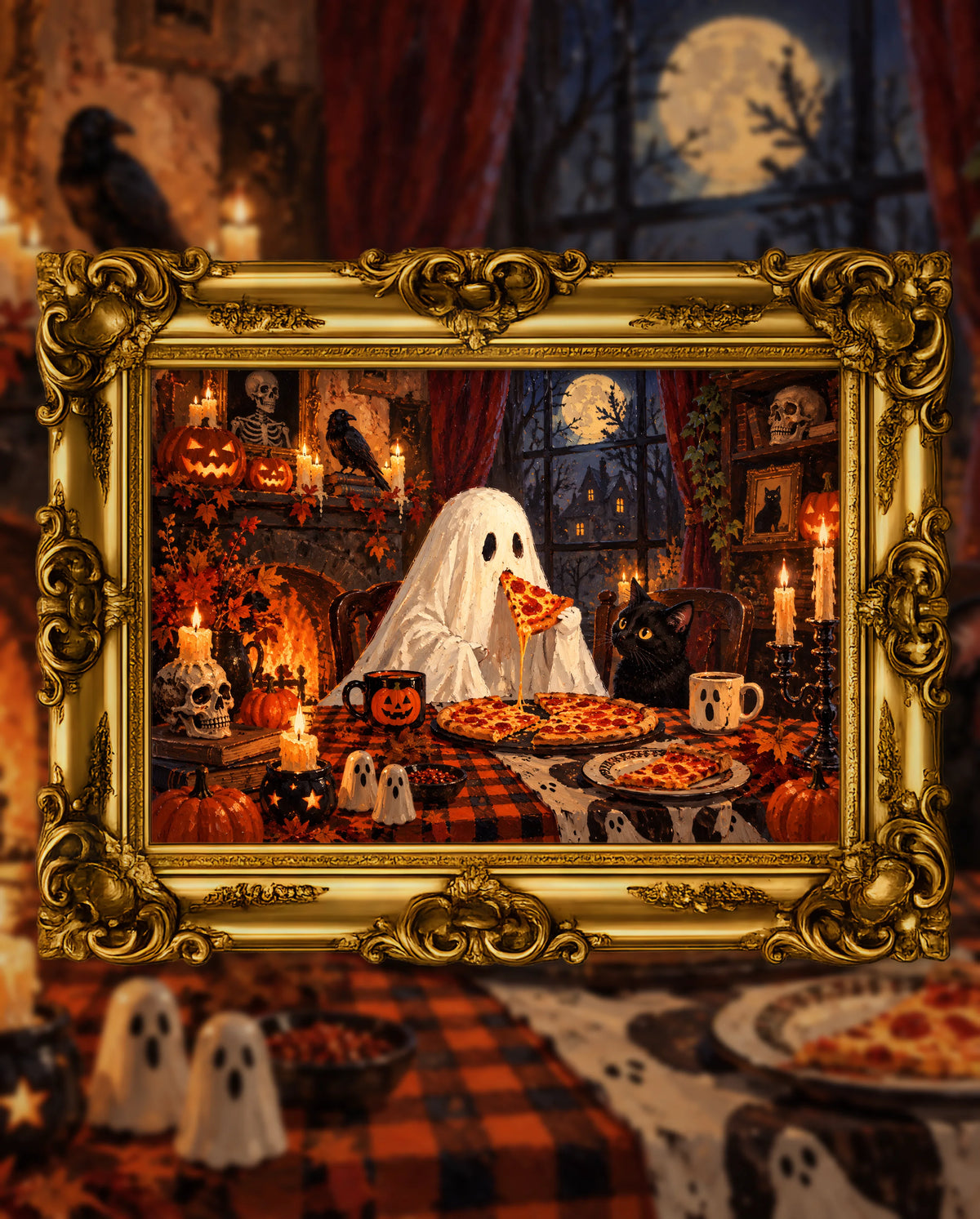 Midnight Pizza Club, an original DAILE Studio Halloween artwork in an ornate gold frame — a white sheet ghost eats pepperoni pizza at a candlelit table beside a black cat, with jack-o'-lanterns, a fire and a full moon outside.