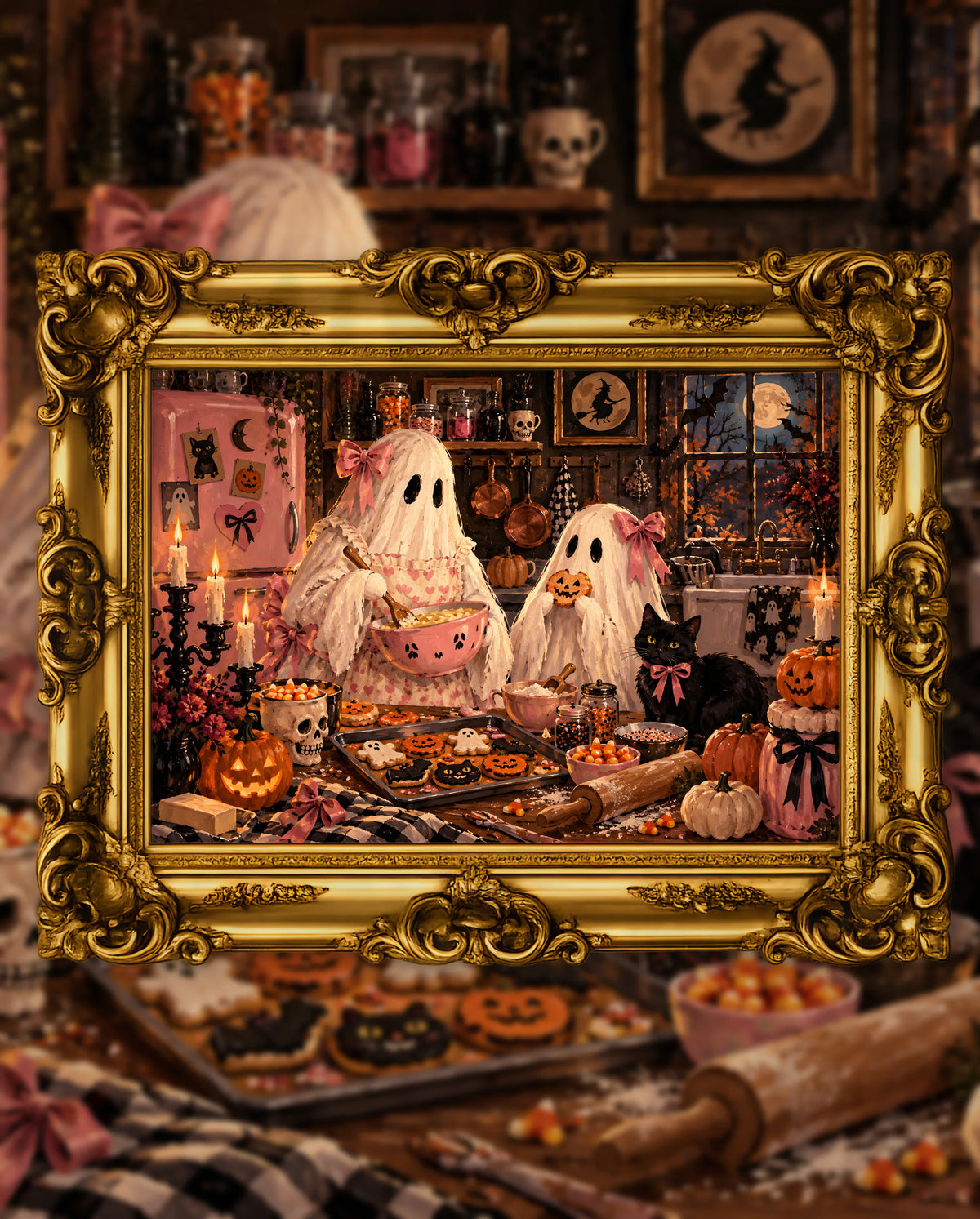 Spells and Sugar Cookies, an original DAILE Studio Halloween artwork in an ornate gold frame — two ghosts in pink bows bake in a candlelit kitchen, one stirring dough, one holding a pumpkin cookie, with a black cat beside them.
