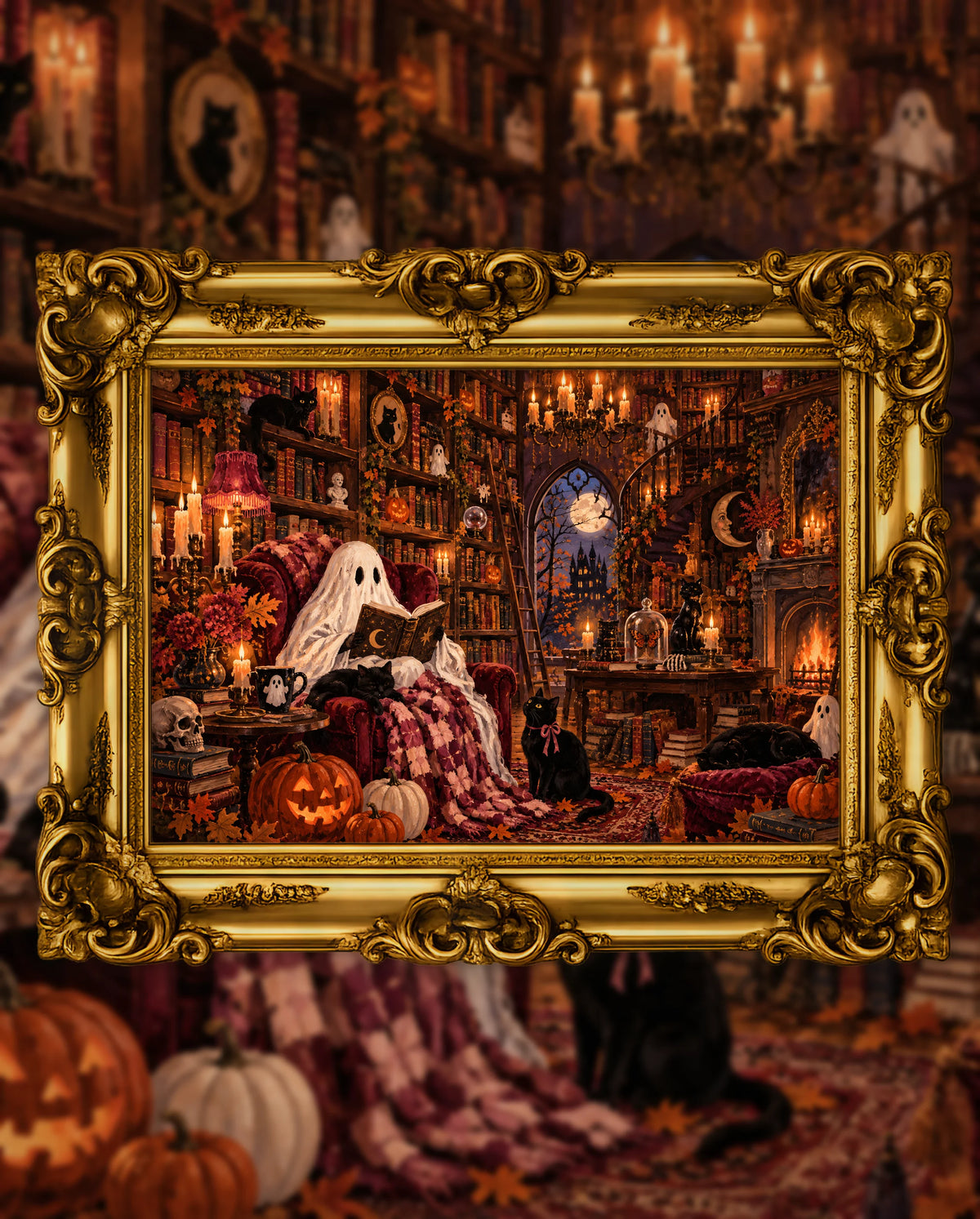 Stories from the Haunted Library, an original DAILE Studio Halloween artwork in an ornate gold frame — a ghost reads in a red velvet armchair with a black cat on its lap, in a candlelit library of tall bookshelves beside a fireplace.