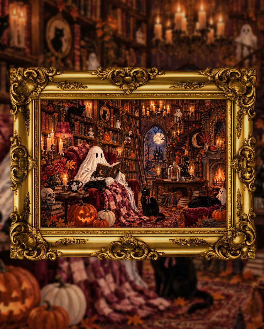 Stories from the Haunted Library, an original DAILE Studio Halloween artwork in an ornate gold frame — a ghost reads in a red velvet armchair with a black cat on its lap, in a candlelit library of tall bookshelves beside a fireplace.