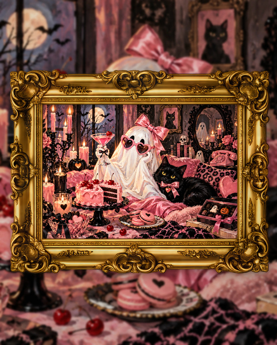 A Sweet Little Afterlife, an original DAILE Studio Halloween artwork in an ornate gold frame — a ghost with a pink bow and heart-shaped sunglasses holds a pink cocktail beside a black cat, a cherry-topped cake, macarons and candles.