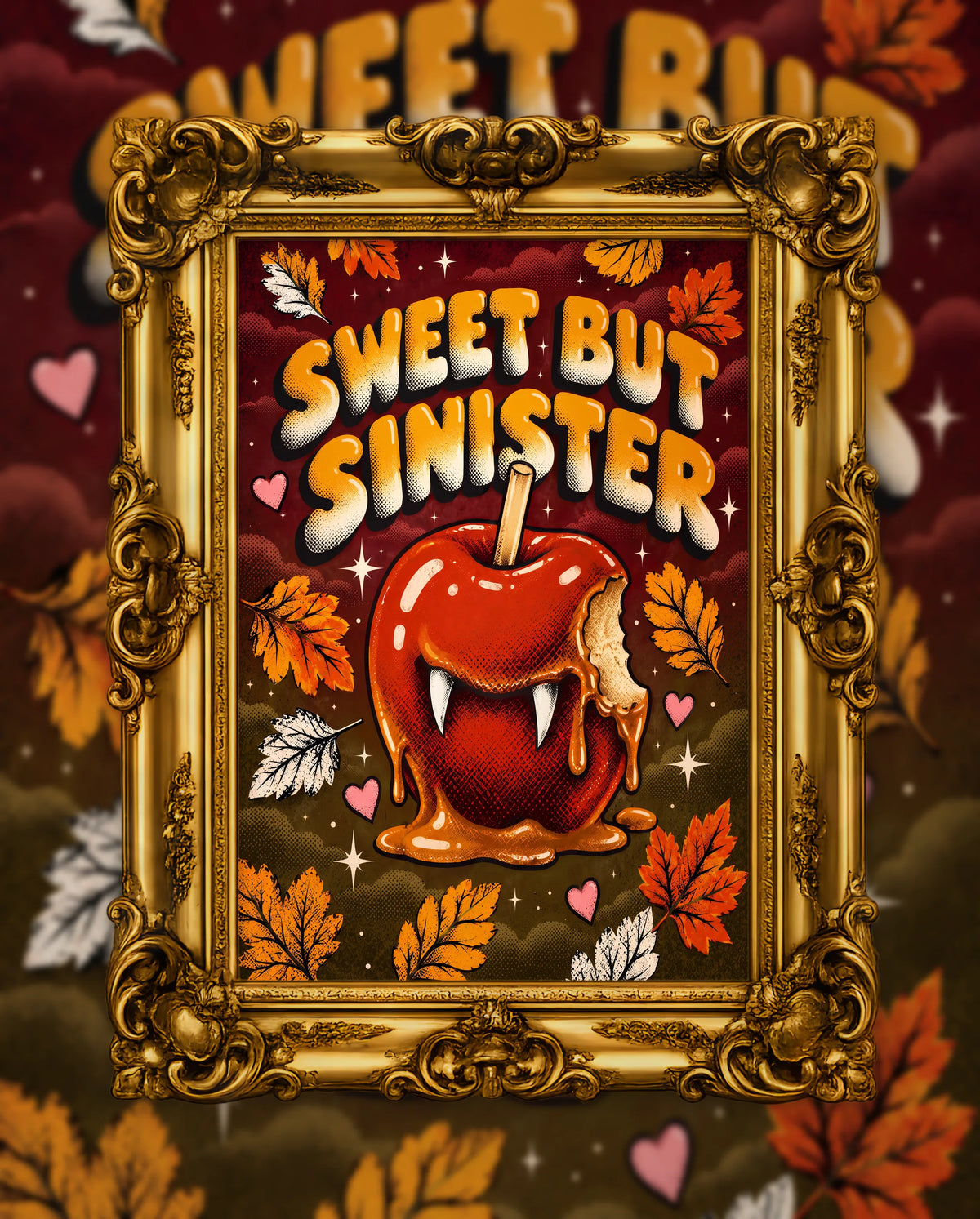 Sweet but Sinister, an original DAILE Studio Halloween artwork in an ornate gold frame — retro poster of a bitten red candy apple with vampire fangs and dripping caramel, under orange bubble lettering reading Sweet but Sinister, autumn leaves around.