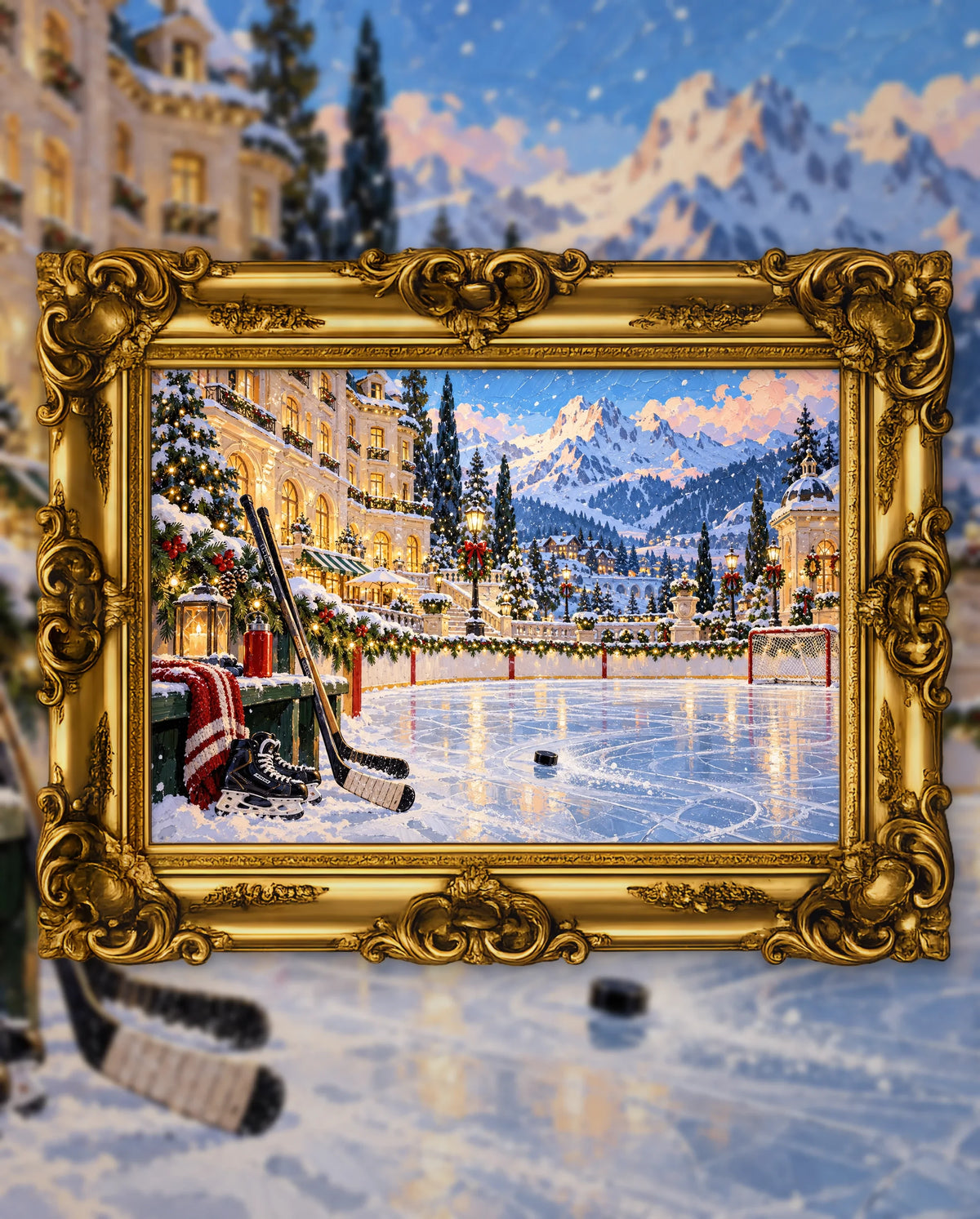 Holiday Ice Beneath the Alpine Lights, an original DAILE Studio artwork in an ornate gold frame, fine art jigsaw puzzle