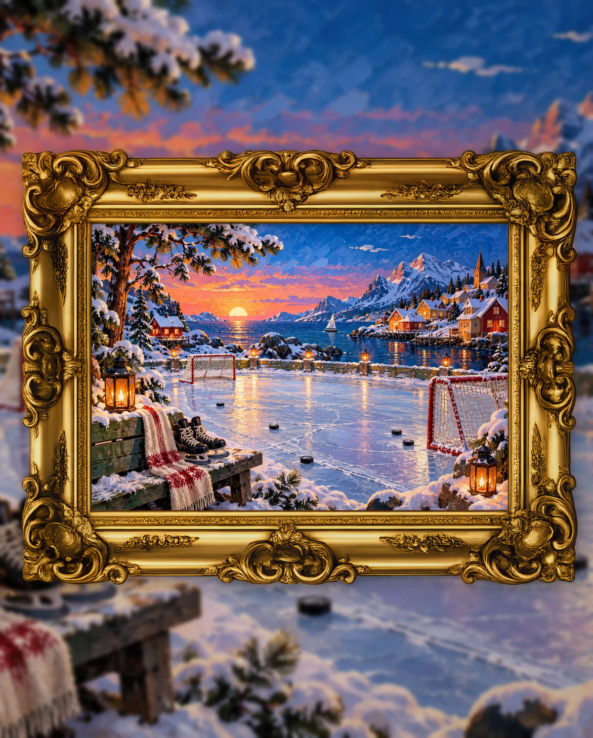 The Rink at the Edge of Winter, an original DAILE Studio artwork in an ornate gold frame, fine art jigsaw puzzle